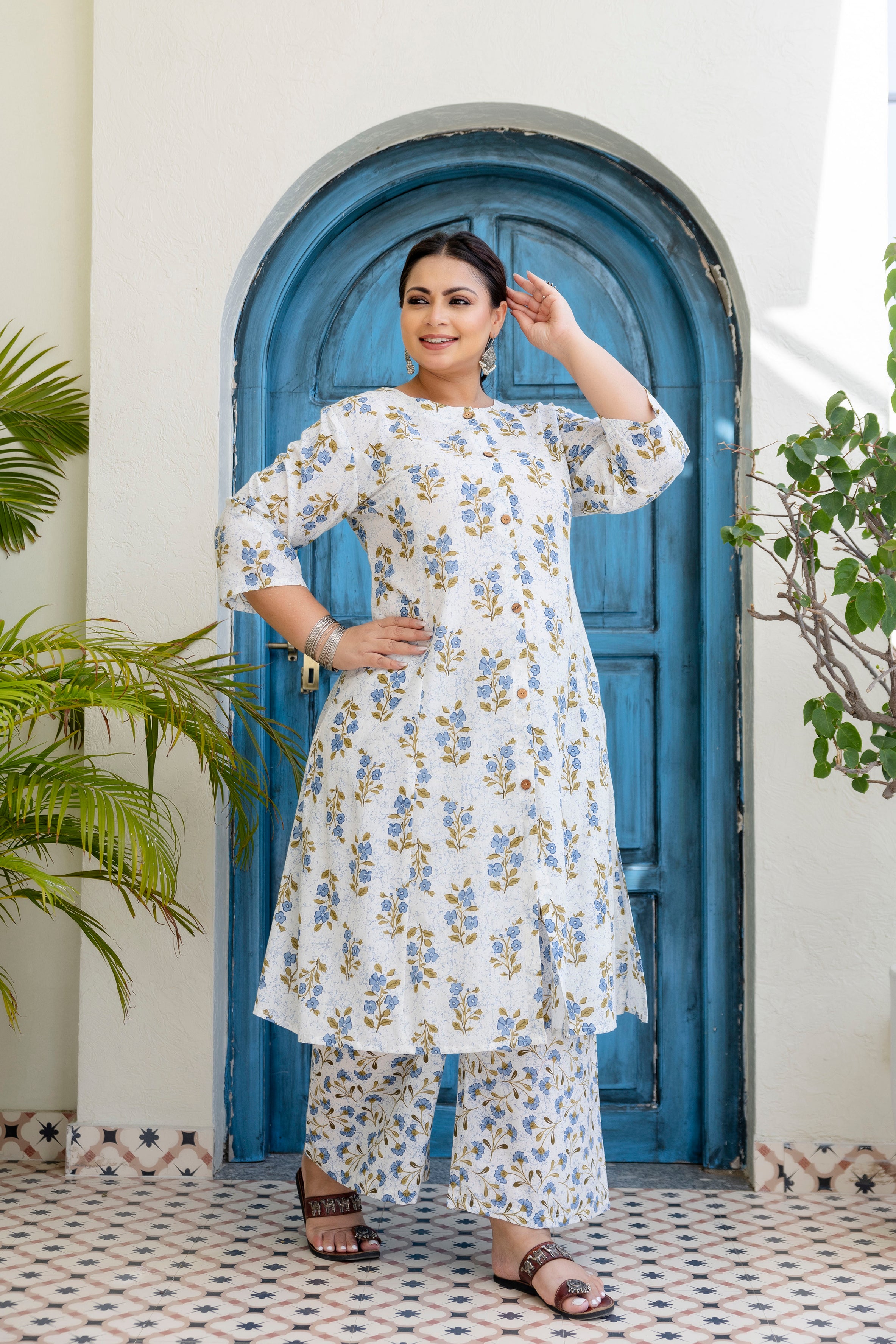 Powder Blue Floral Kurta Palazzo Set