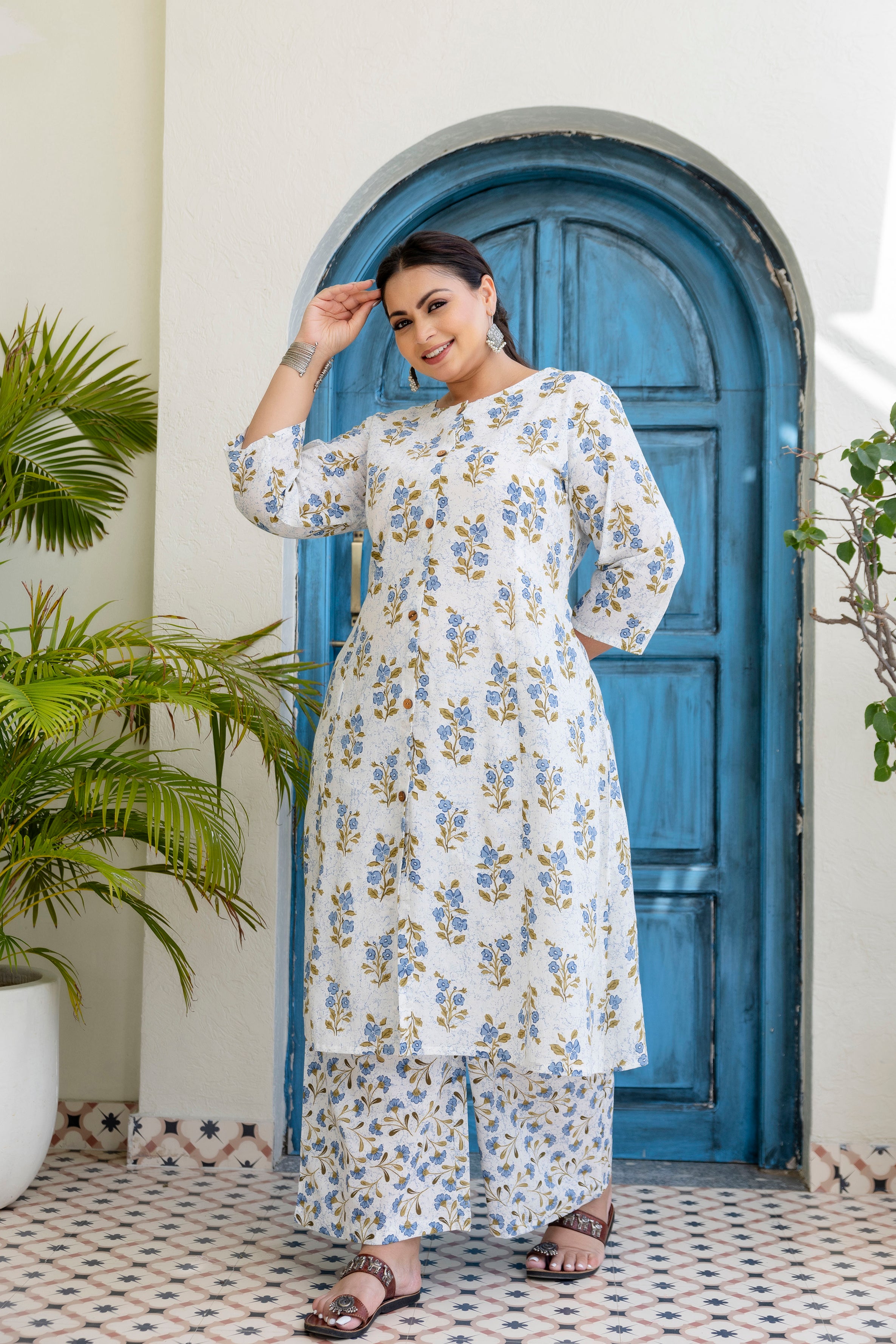 Powder Blue Floral Kurta Palazzo Set