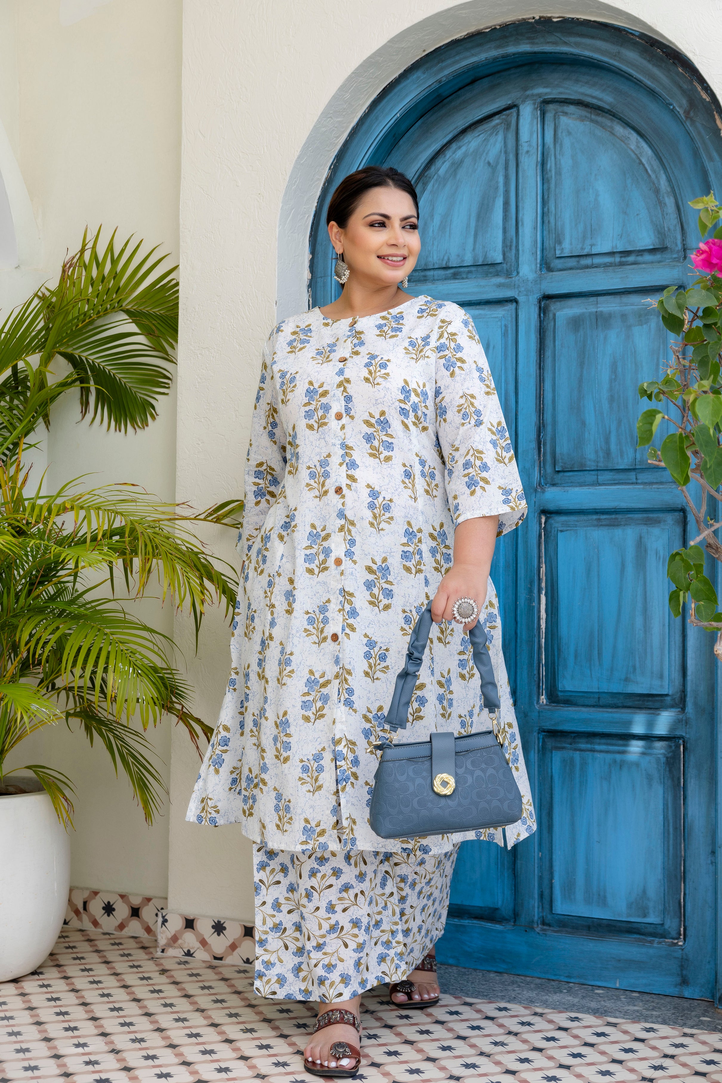 Powder Blue Floral Kurta Palazzo Set