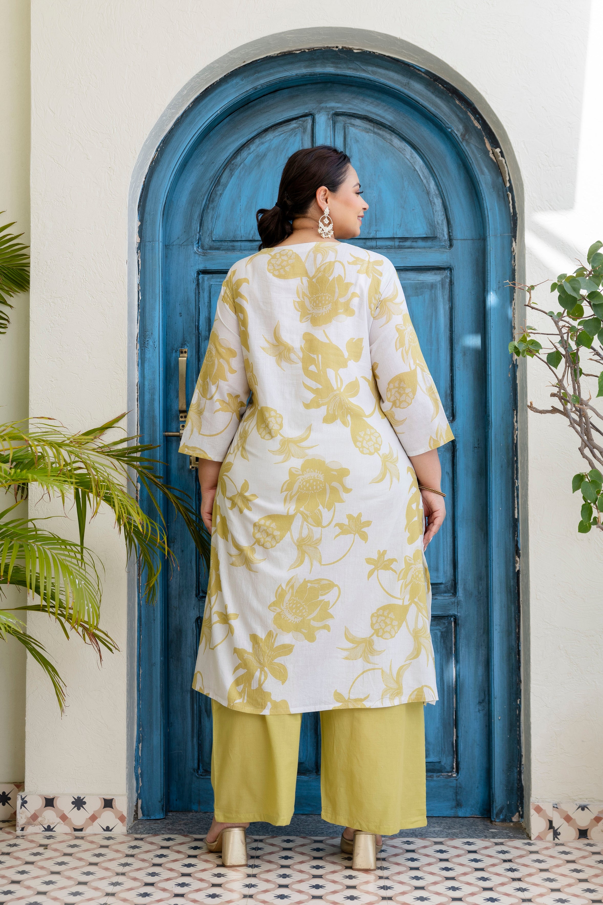 Aqua Blue Floral Kurta Palazzo Set