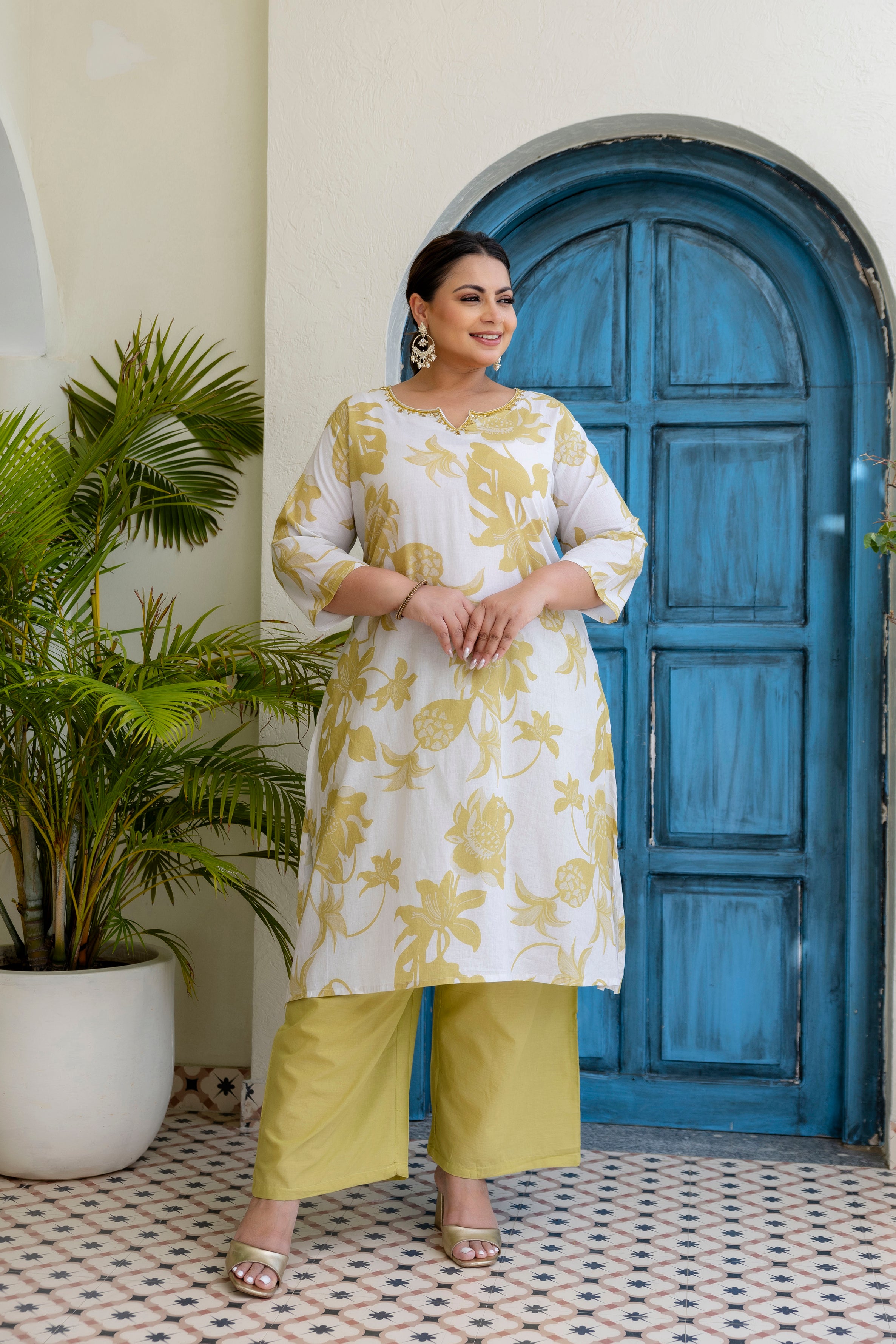 Aqua Blue Floral Kurta Palazzo Set