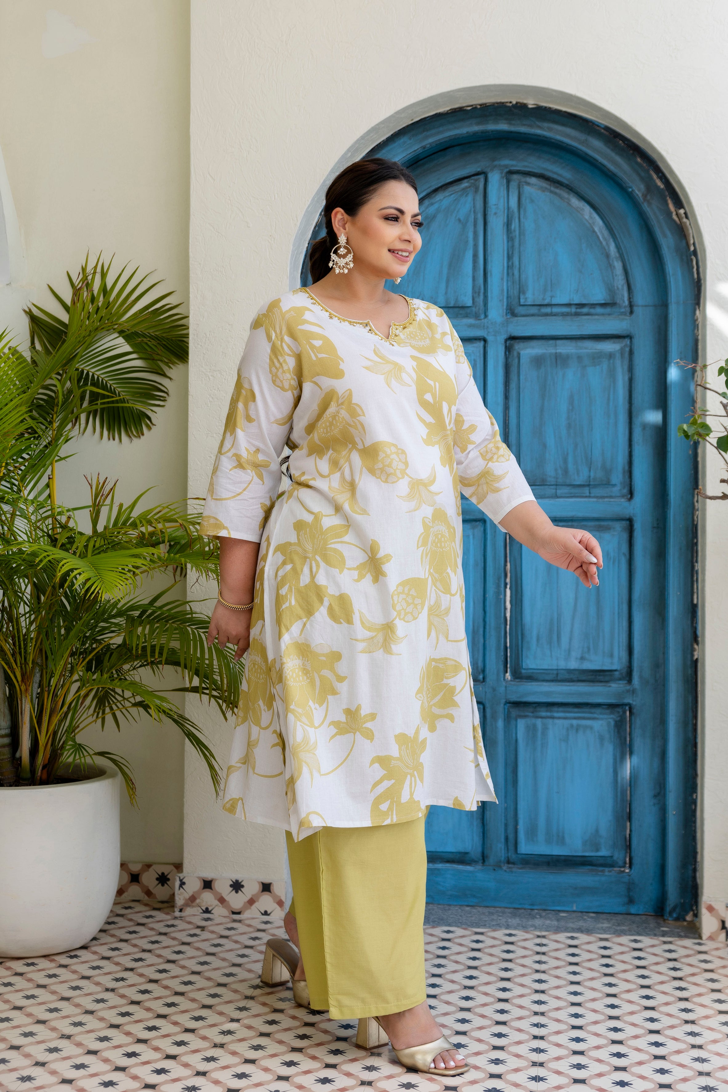Aqua Blue Floral Kurta Palazzo Set