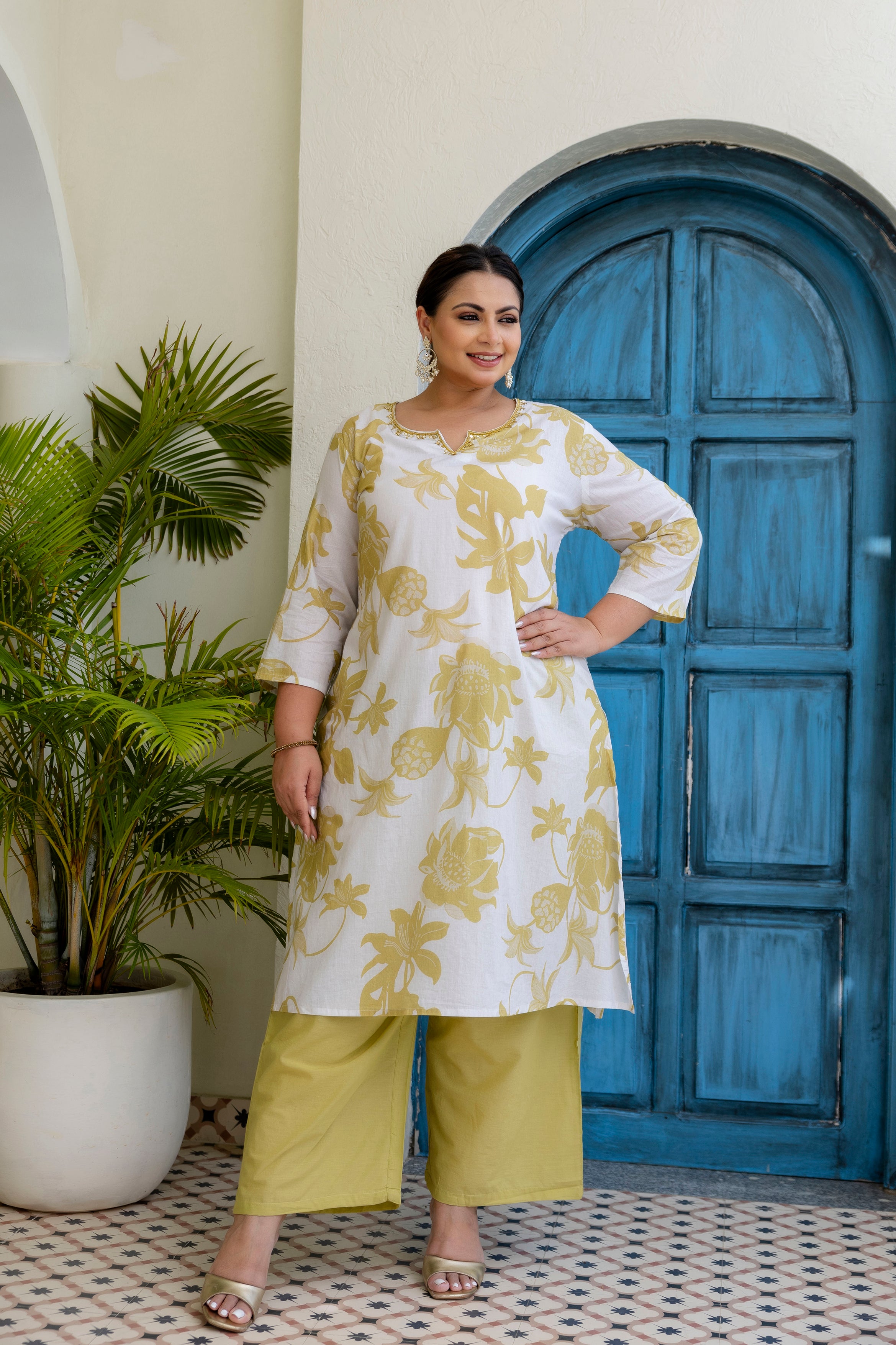 Aqua Blue Floral Kurta Palazzo Set