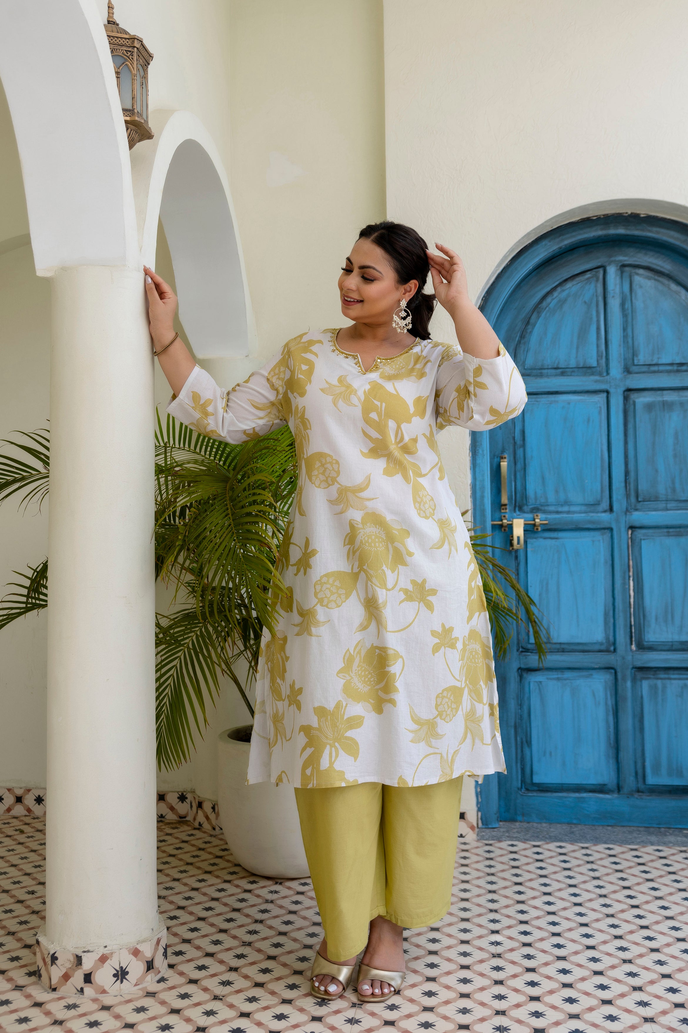 Aqua Blue Floral Kurta Palazzo Set