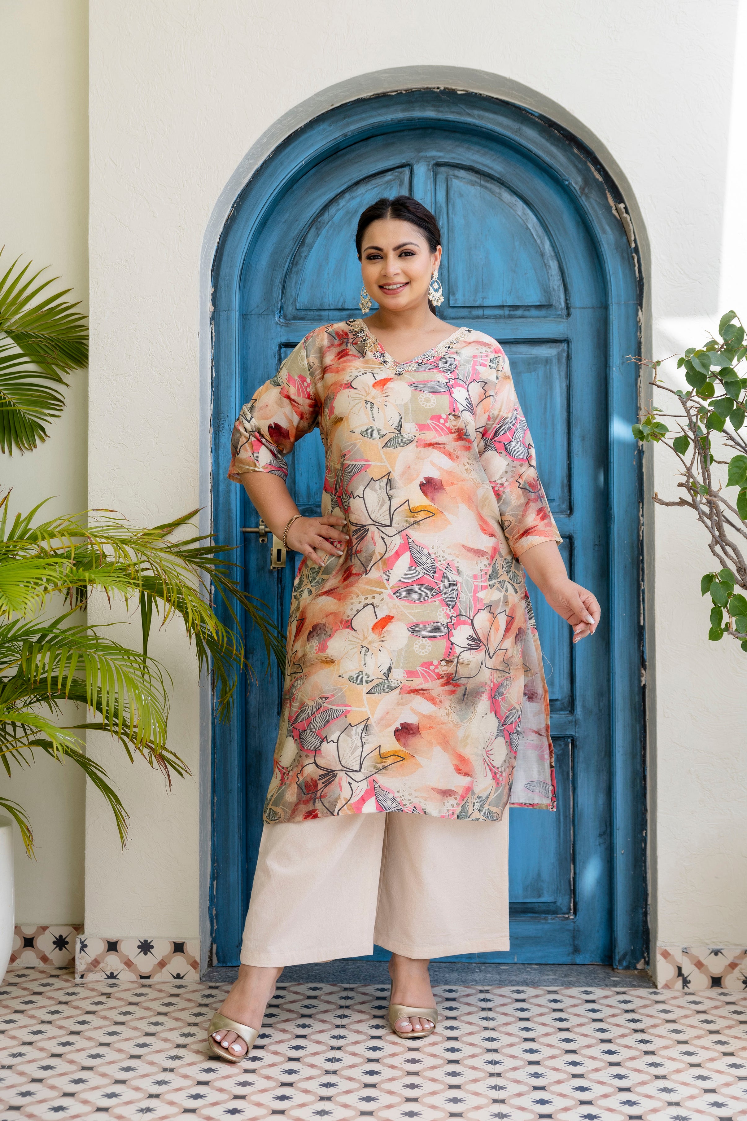 Olive  Pink Floral Kurta Palazzo Set