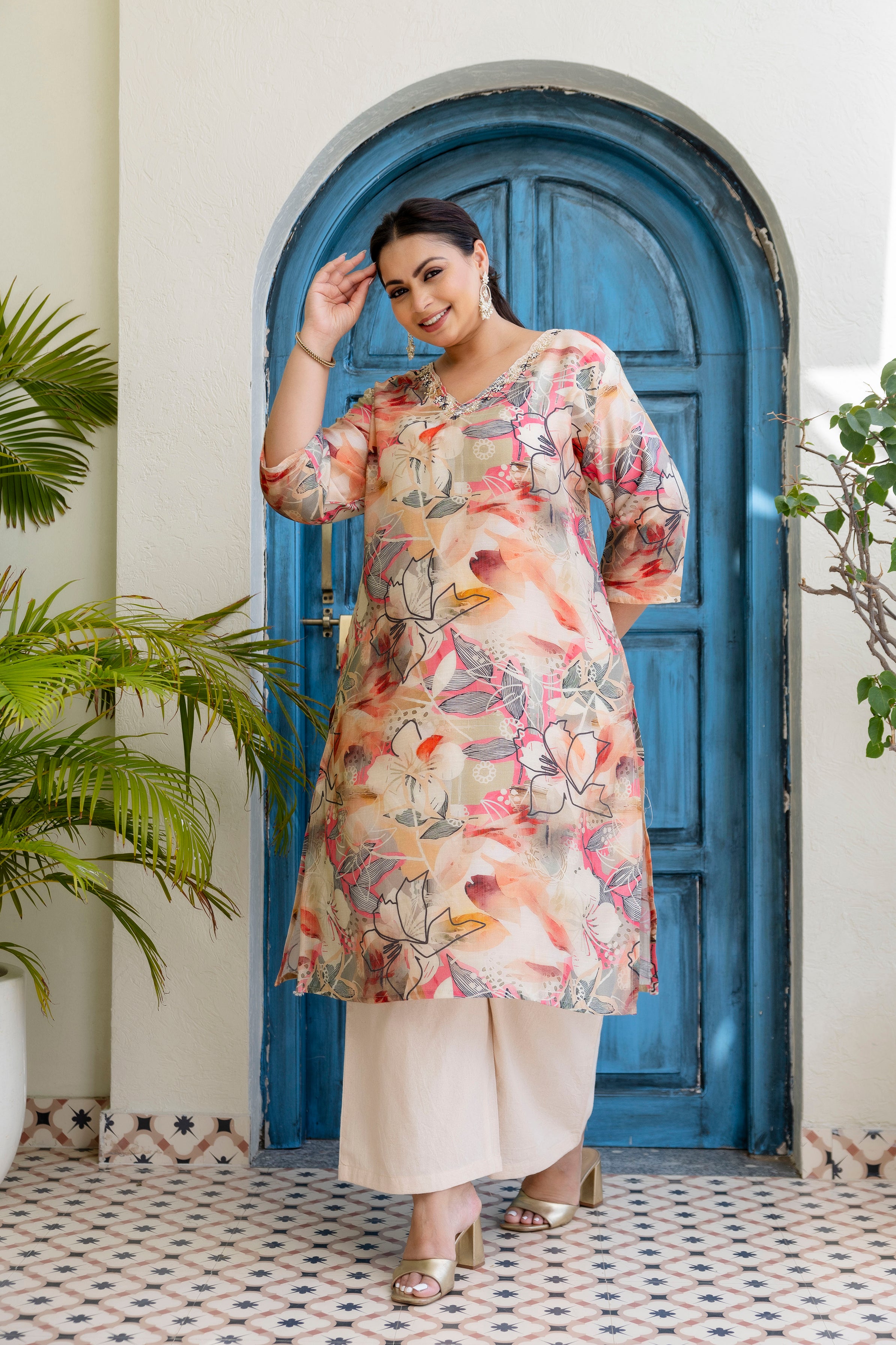 Olive  Pink Floral Kurta Palazzo Set