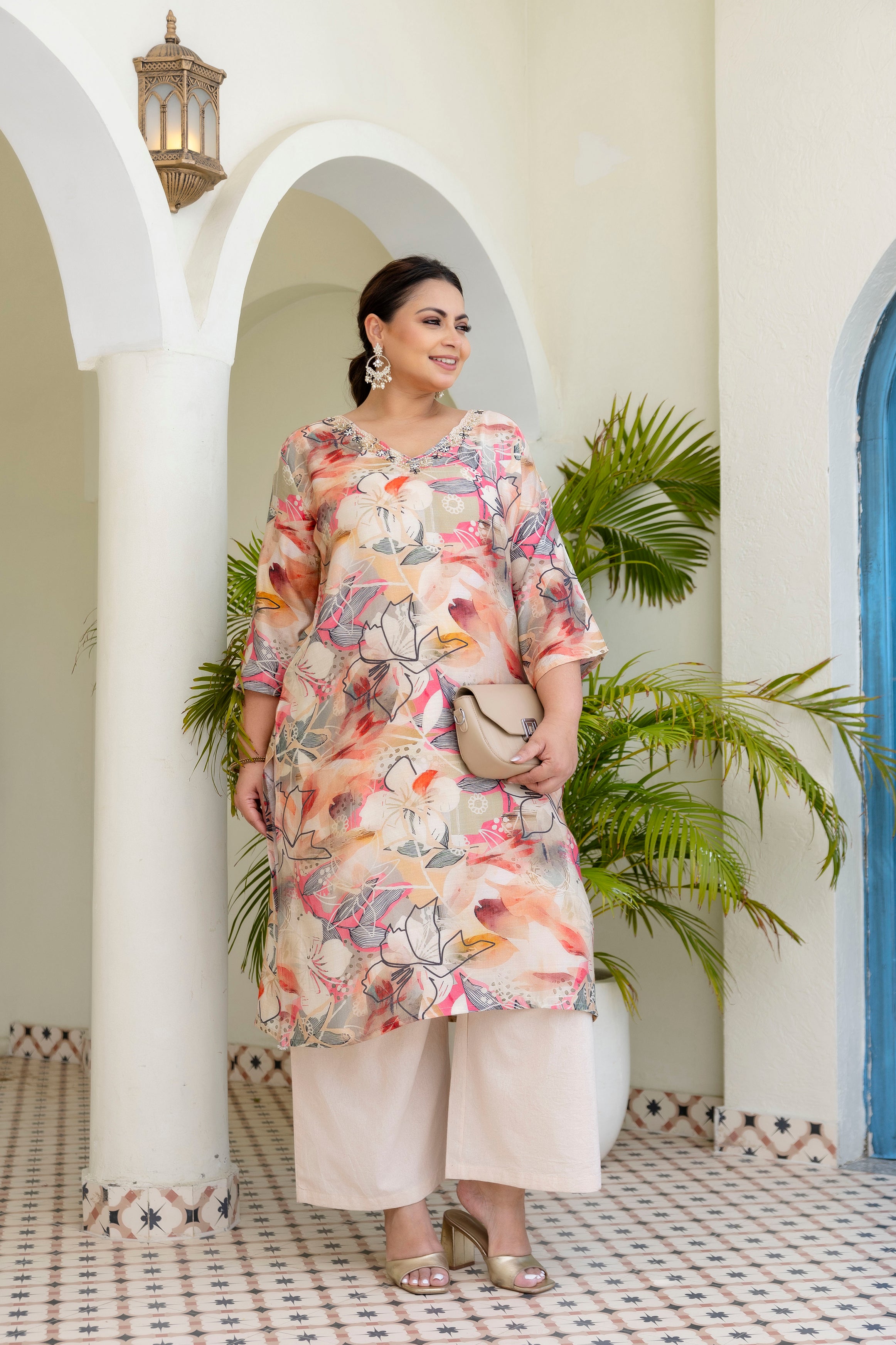 Olive  Pink Floral Kurta Palazzo Set