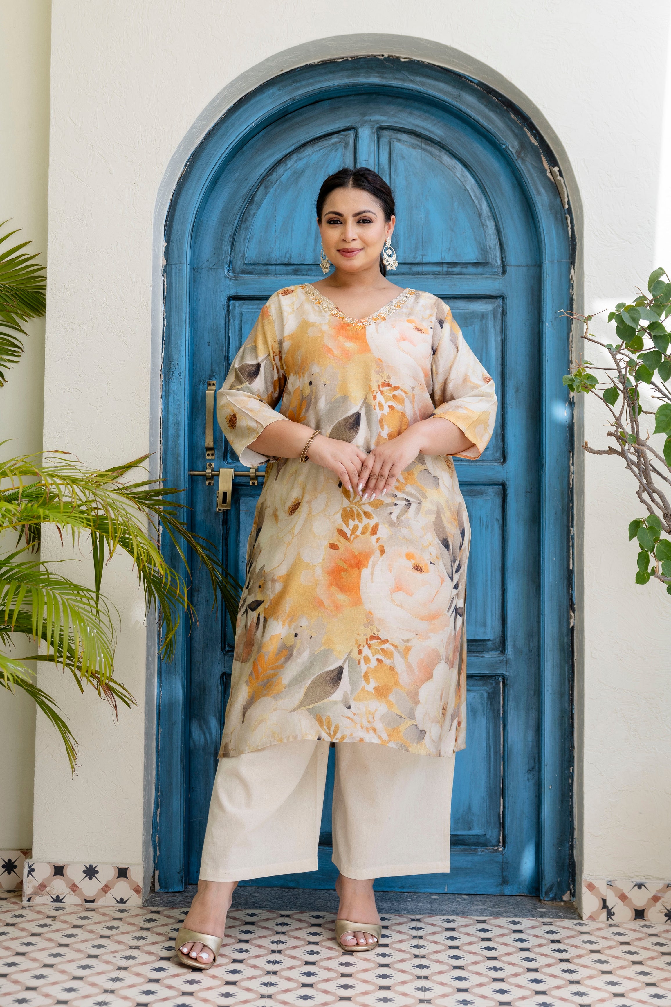 Cream Lavender Floral Kurta Palazzo Set