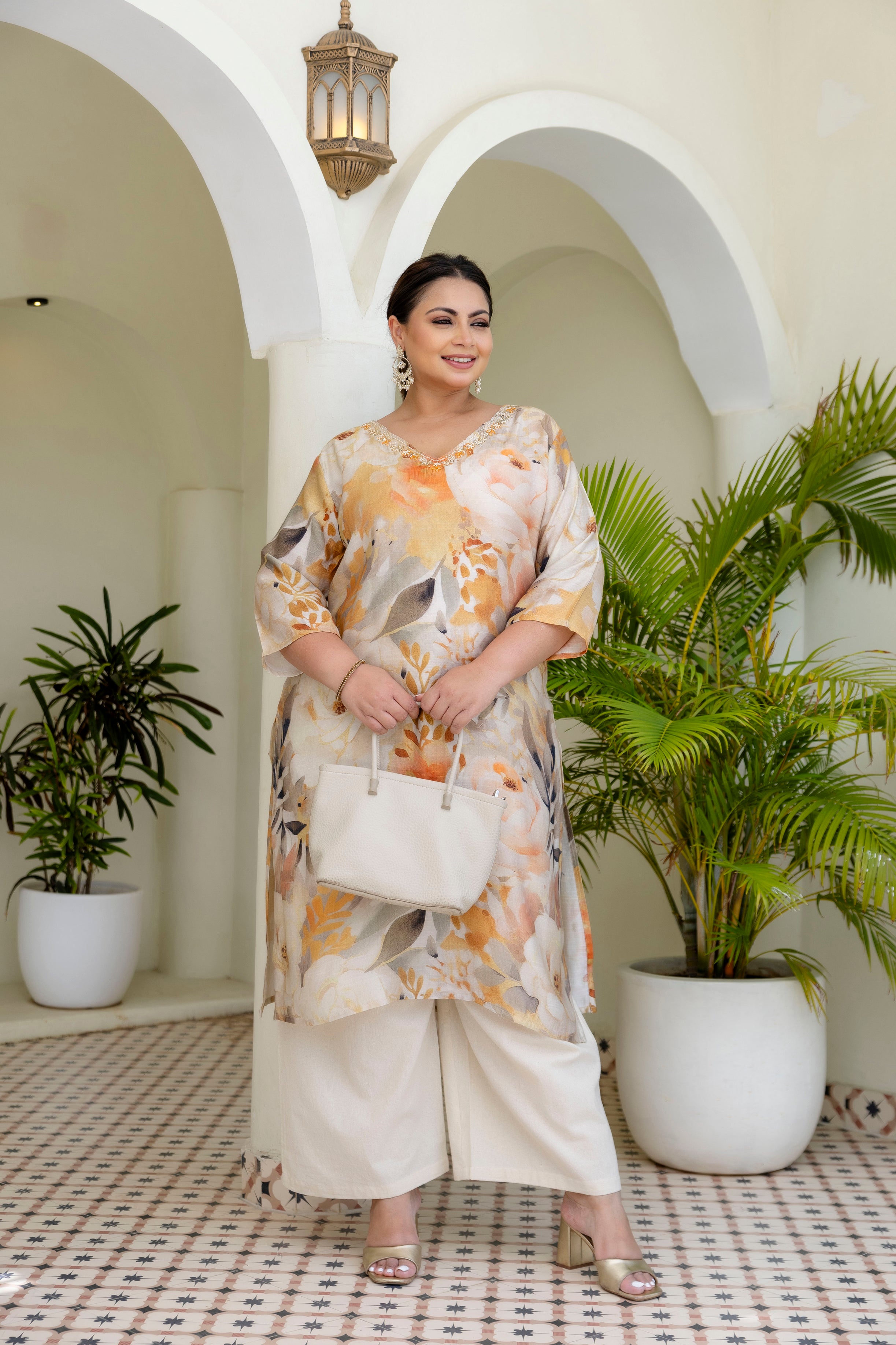 Cream Lavender Floral Kurta Palazzo Set