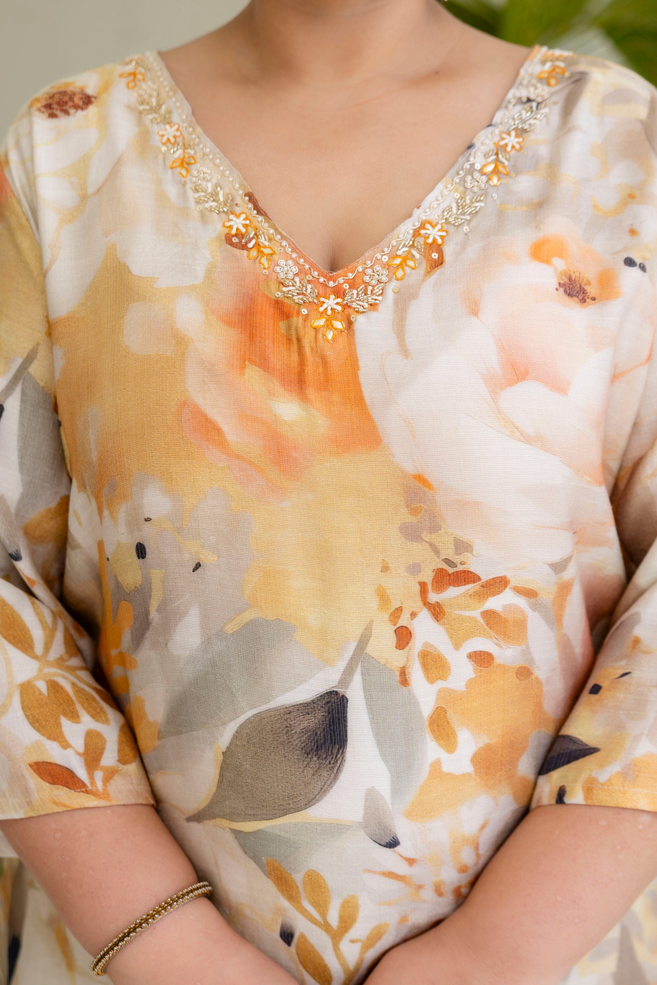 Cream Lavender Floral Kurta Palazzo Set