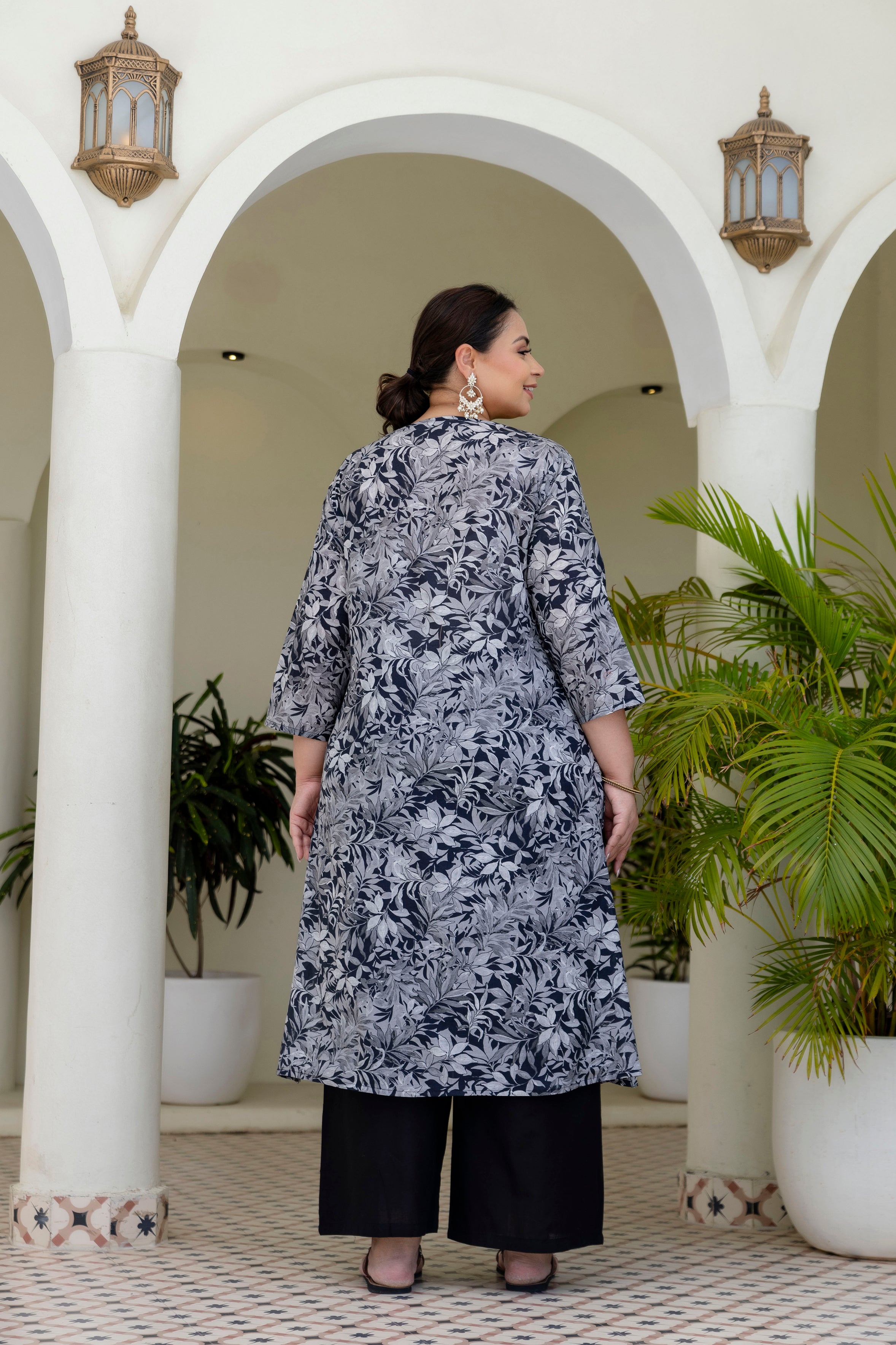 Olive Grey Floral Kurta Palazzo Set
