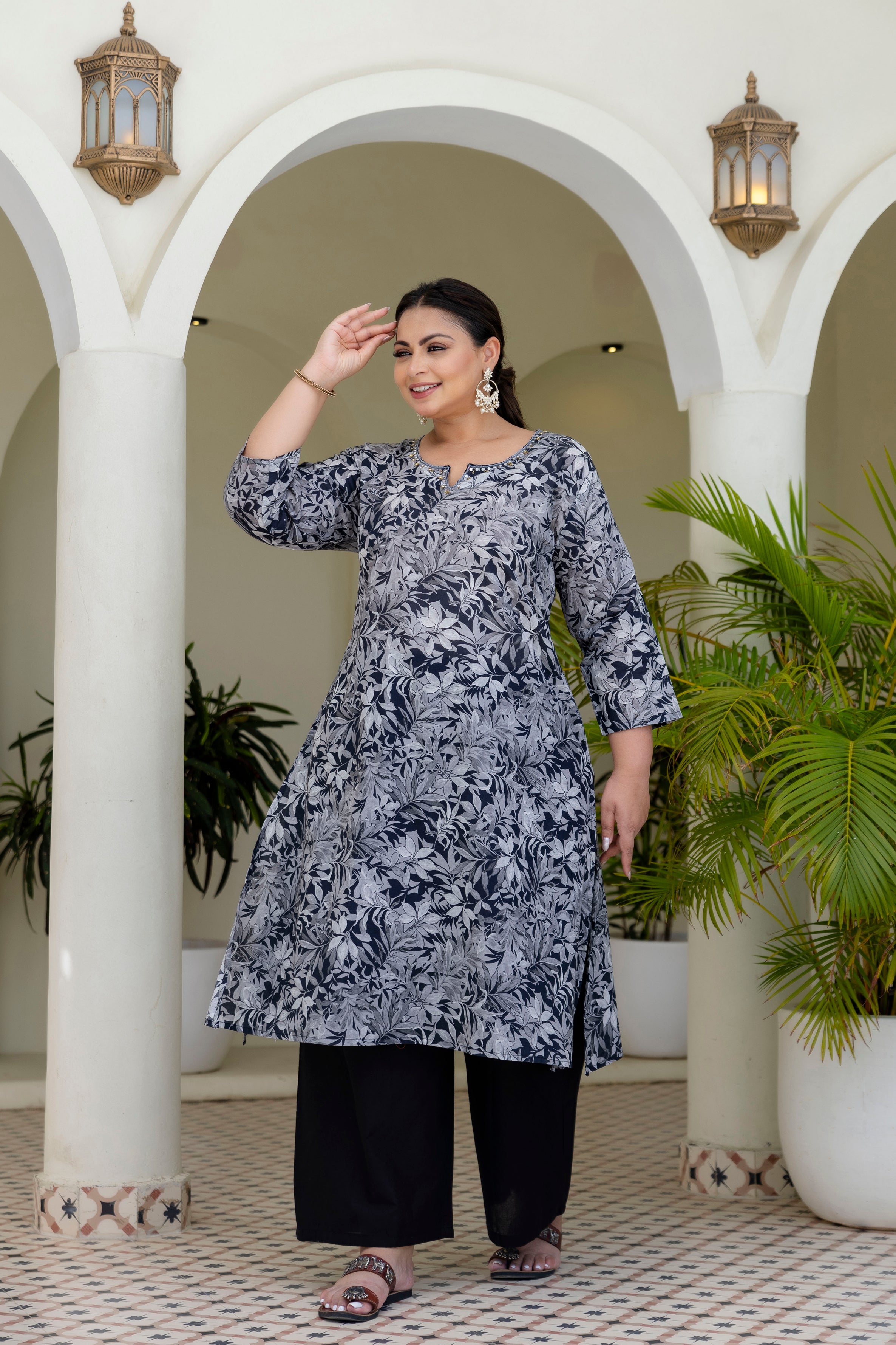 Olive Grey Floral Kurta Palazzo Set