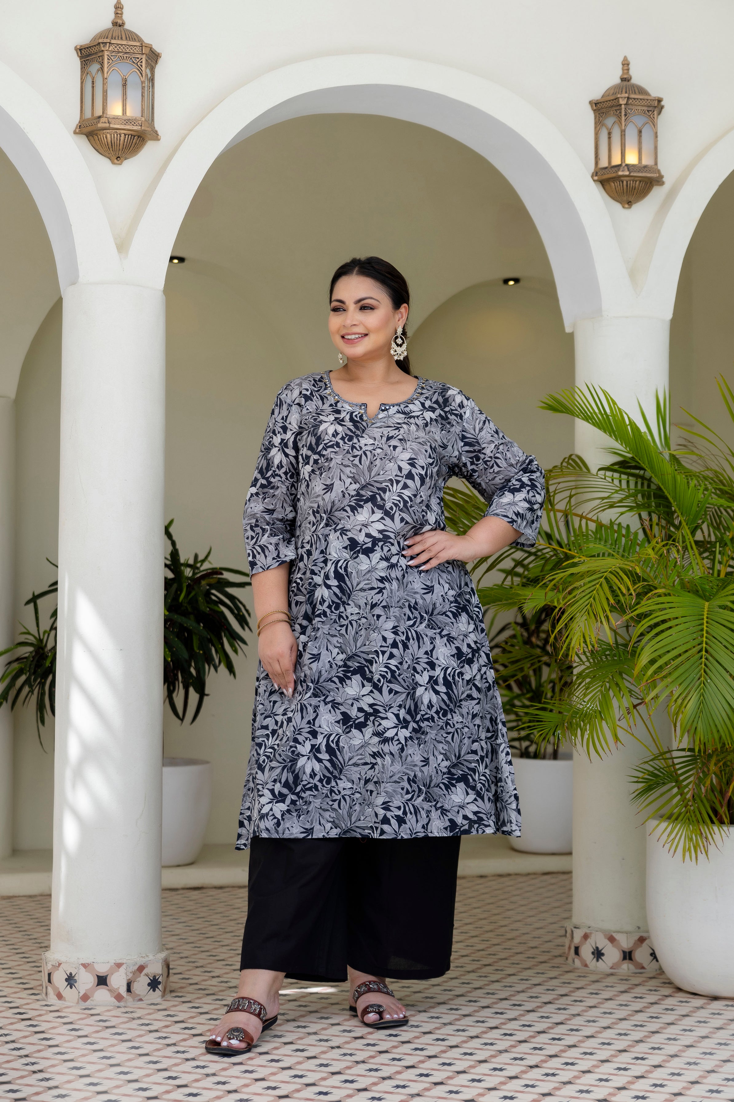 Olive Grey Floral Kurta Palazzo Set