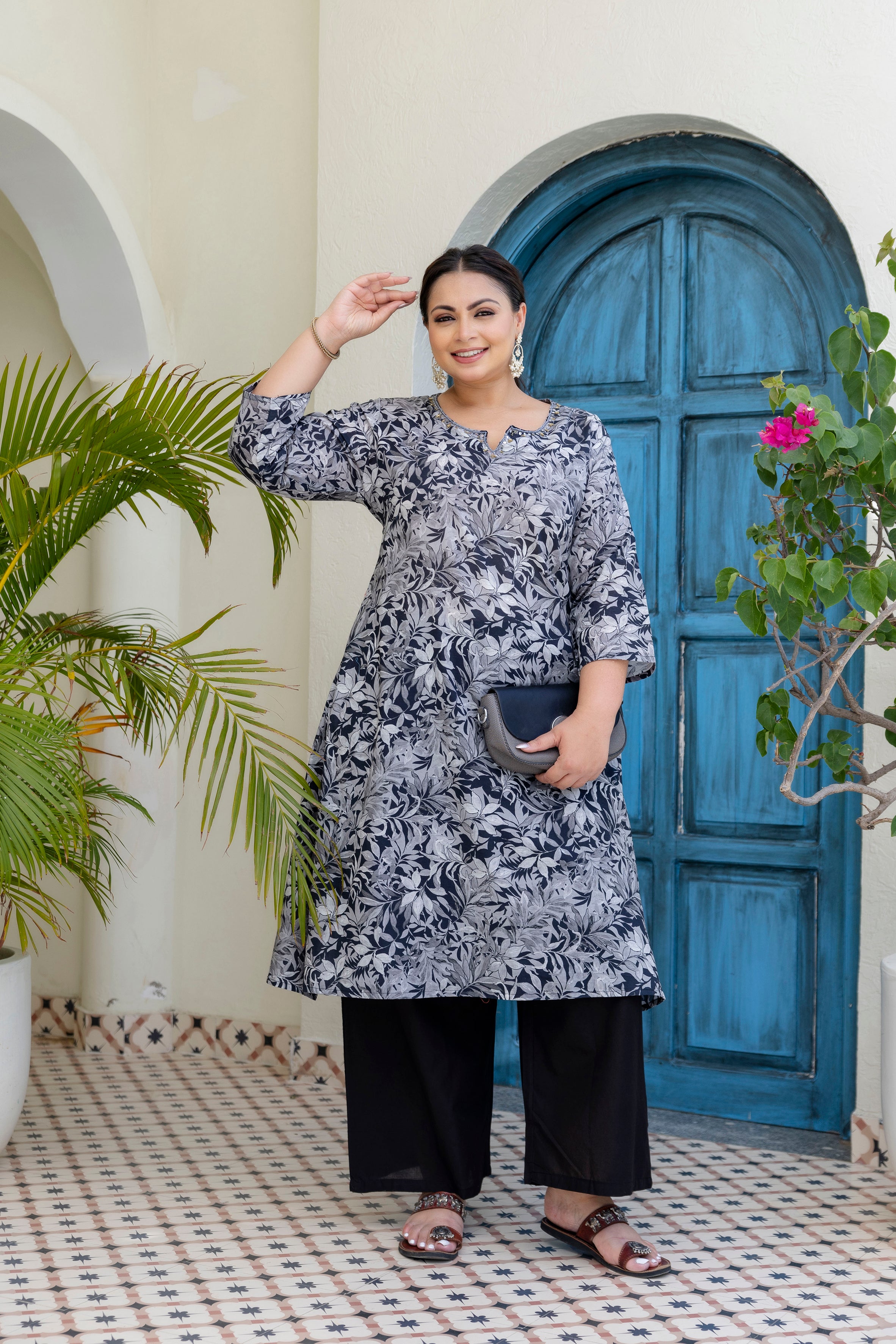 Olive Grey Floral Kurta Palazzo Set