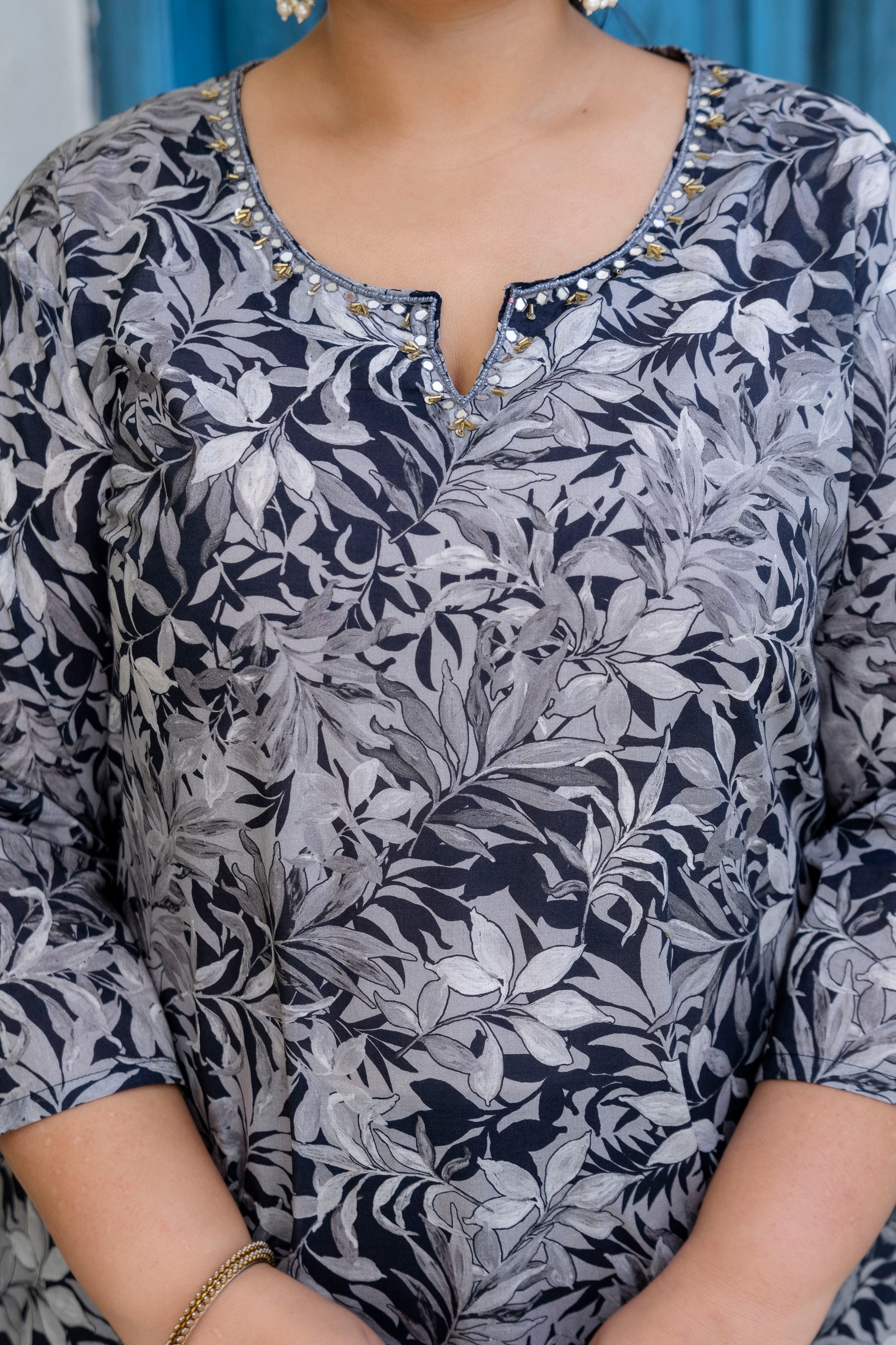 Olive Grey Floral Kurta Palazzo Set