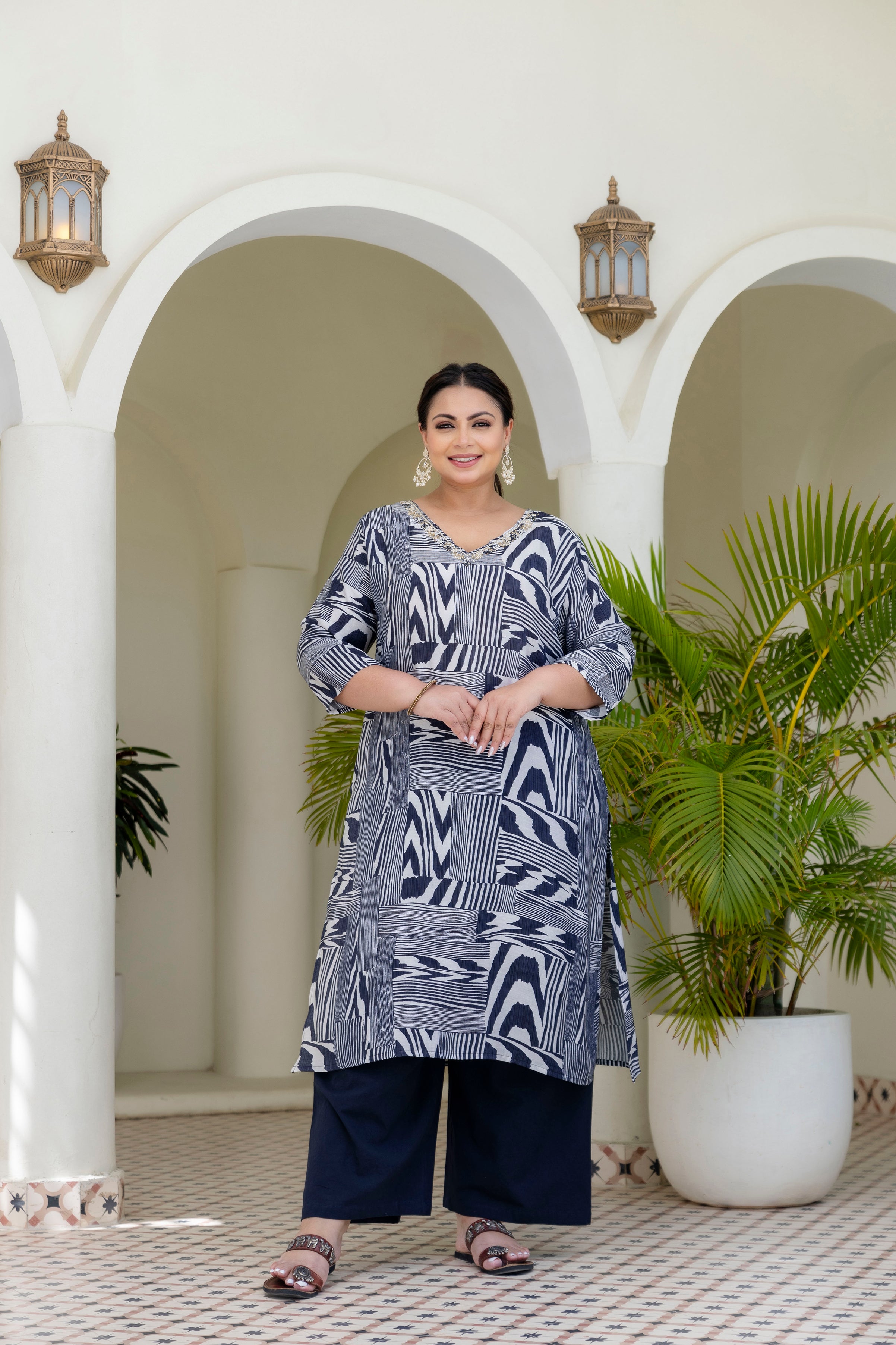 Sage Grey Floral Kurta Palazzo Set