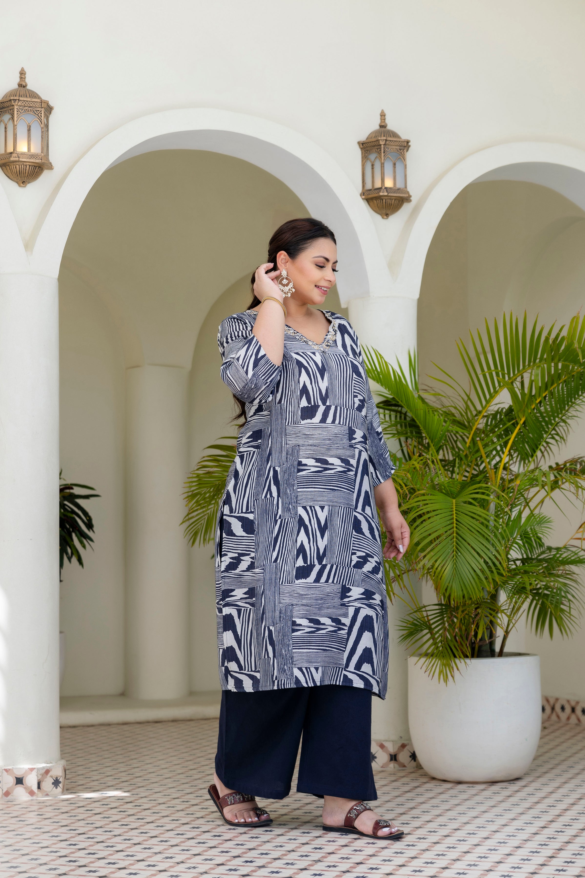 Sage Grey Floral Kurta Palazzo Set