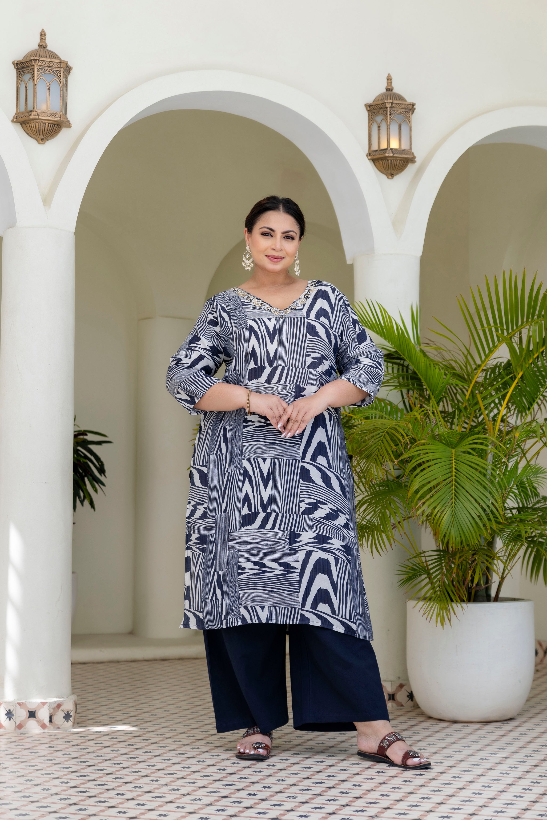 Sage Grey Floral Kurta Palazzo Set