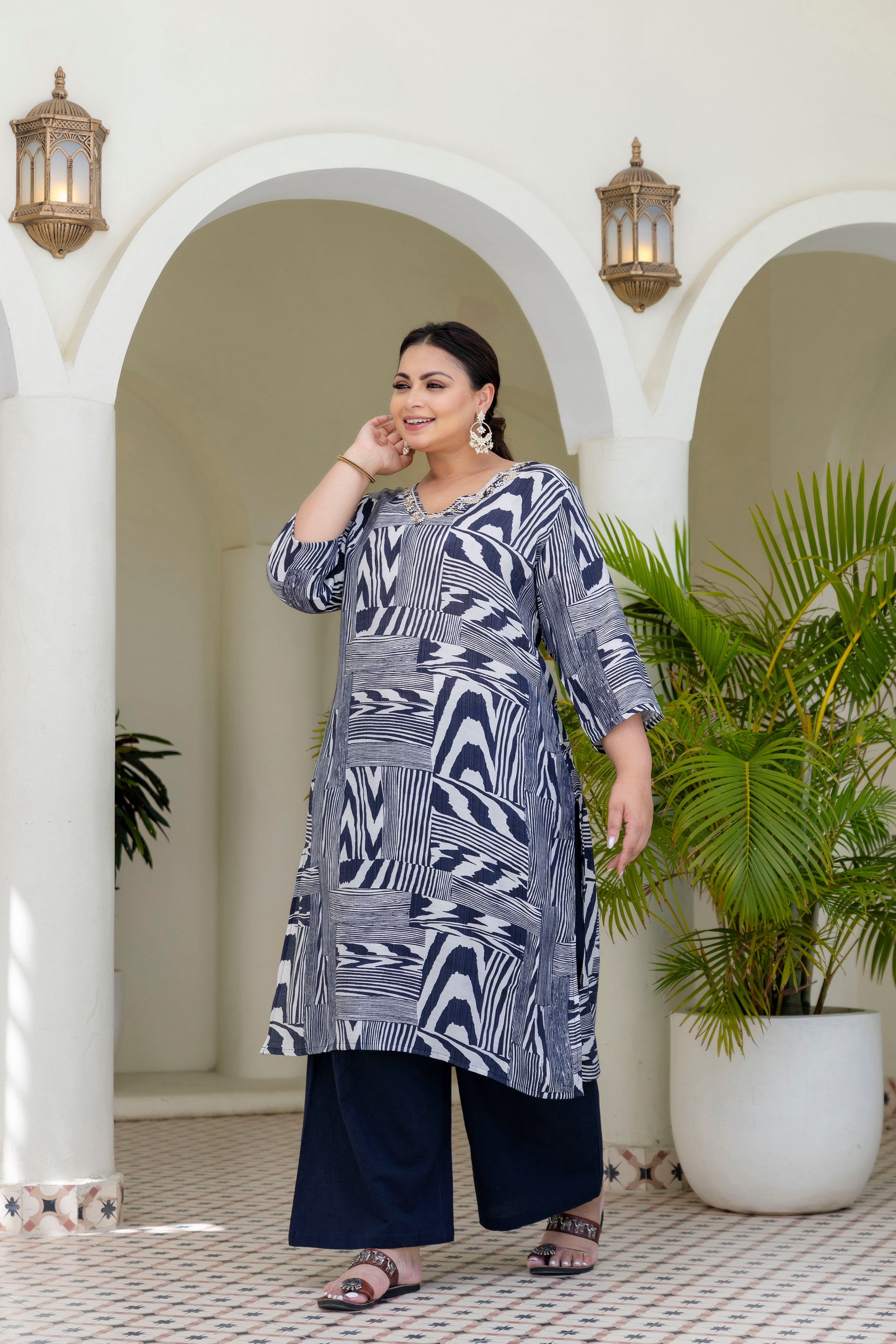 Sage Grey Floral Kurta Palazzo Set