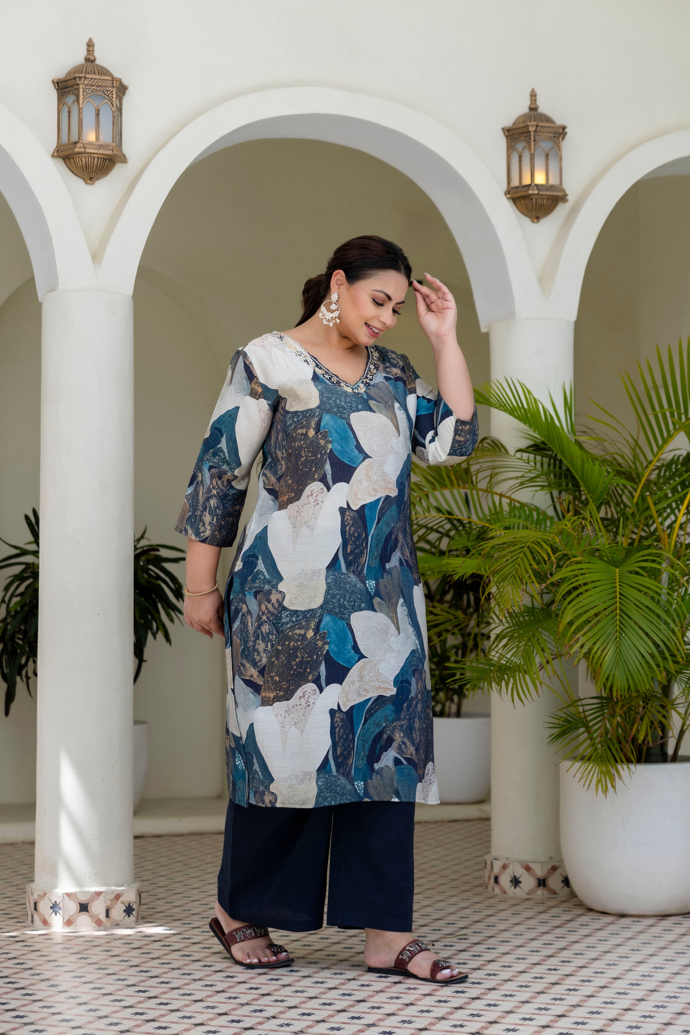 Olive Green Floral Kurta Palazzo Set