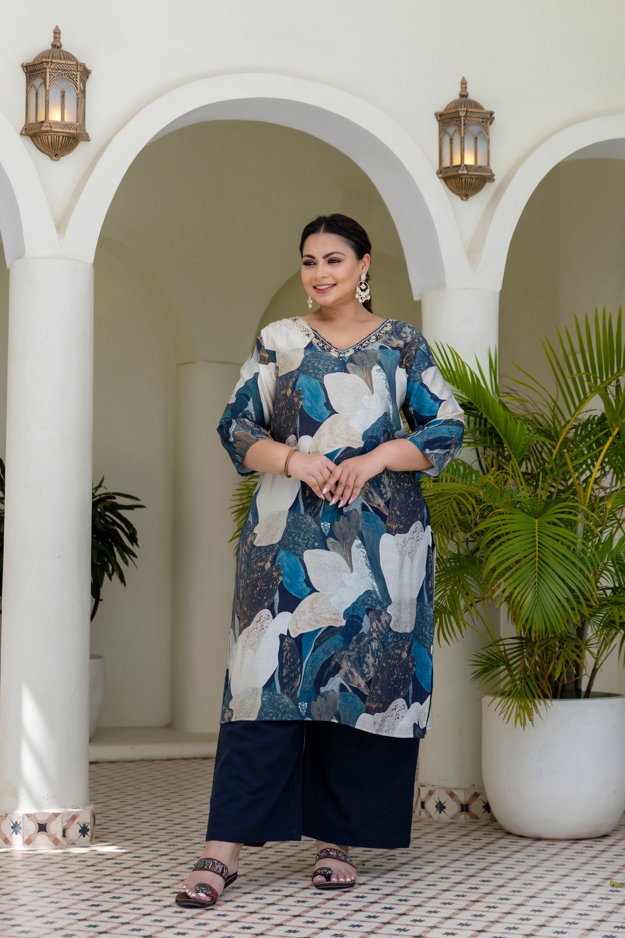 Olive Green Floral Kurta Palazzo Set