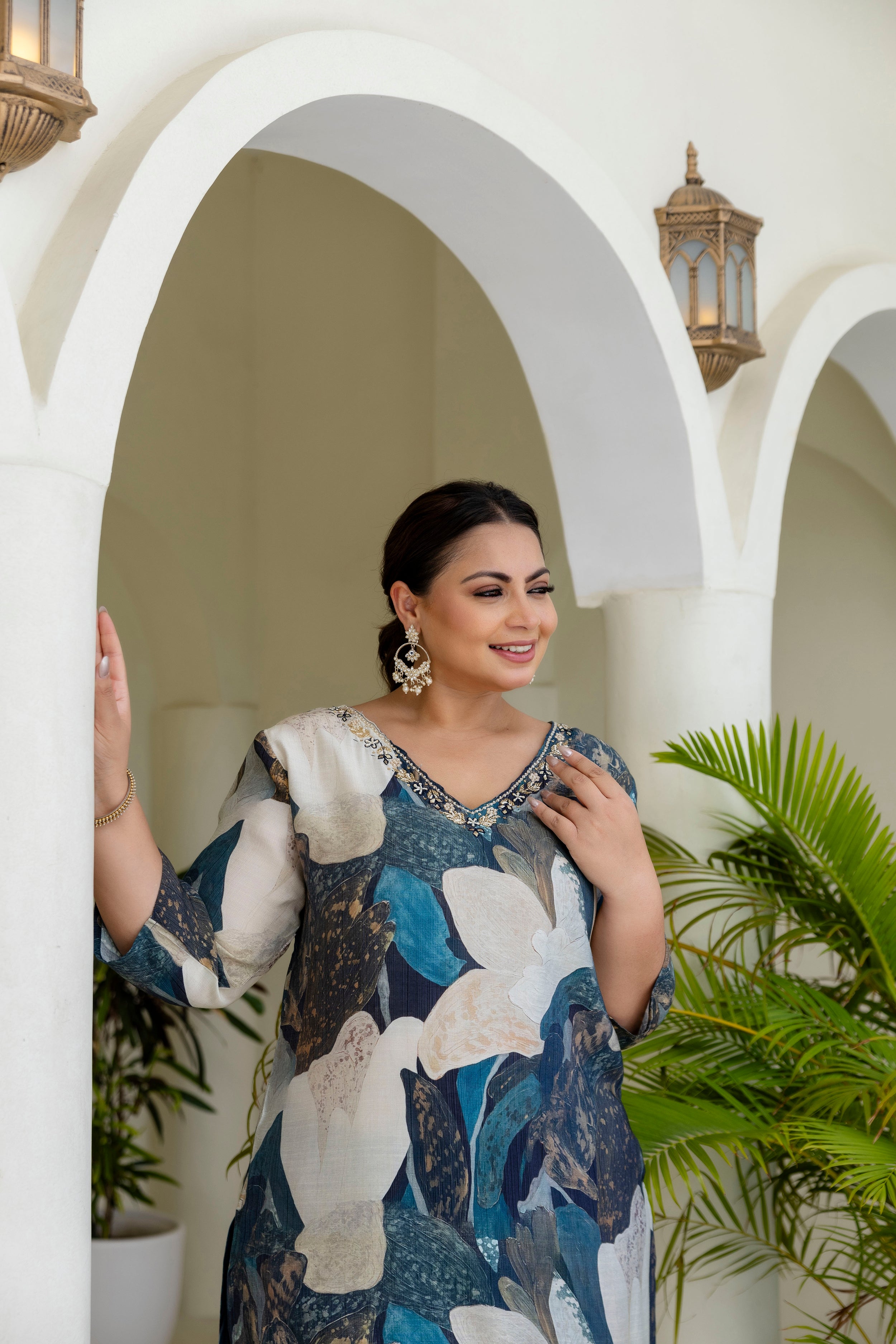 Olive Green Floral Kurta Palazzo Set
