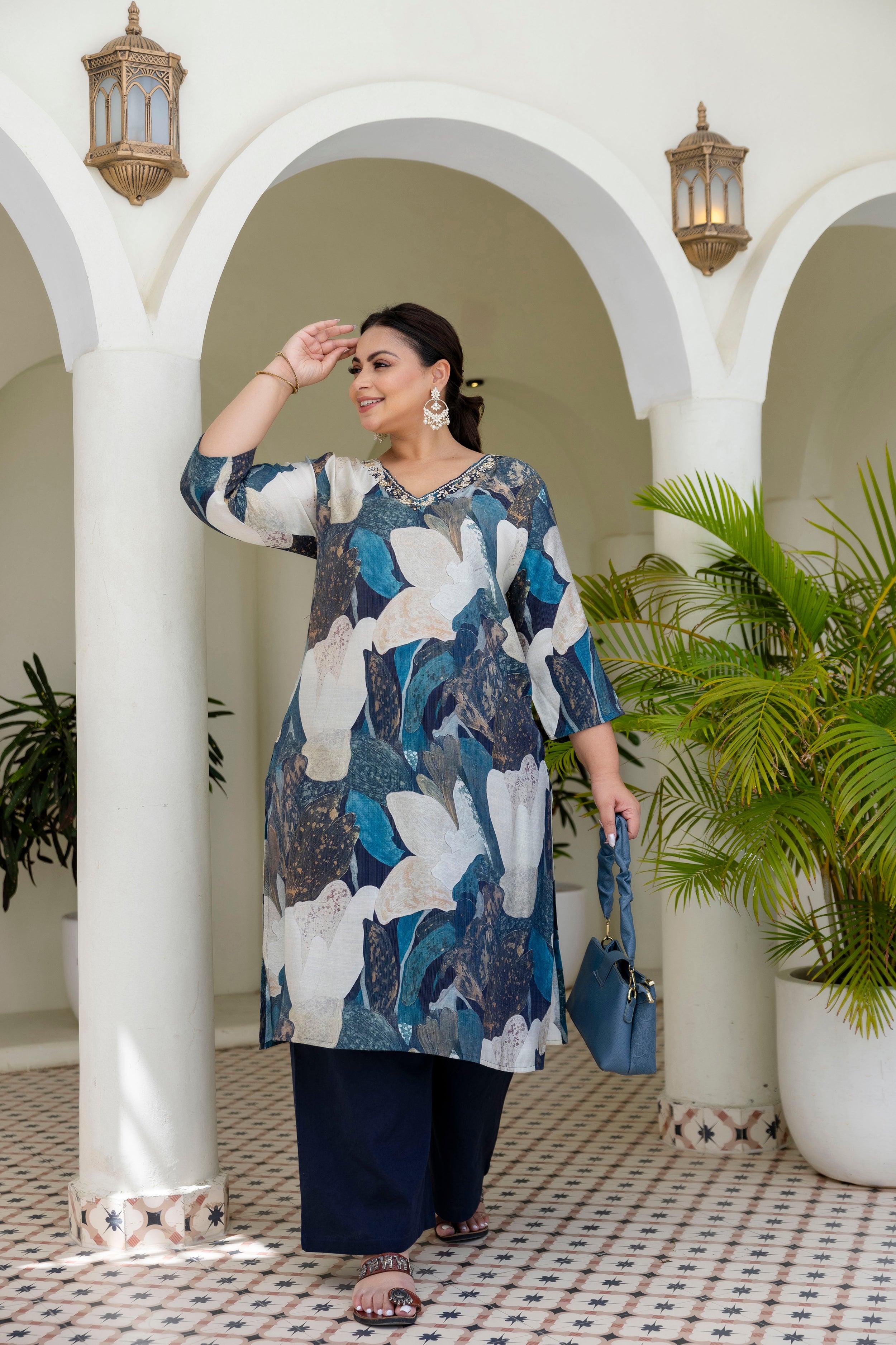 Olive Green Floral Kurta Palazzo Set