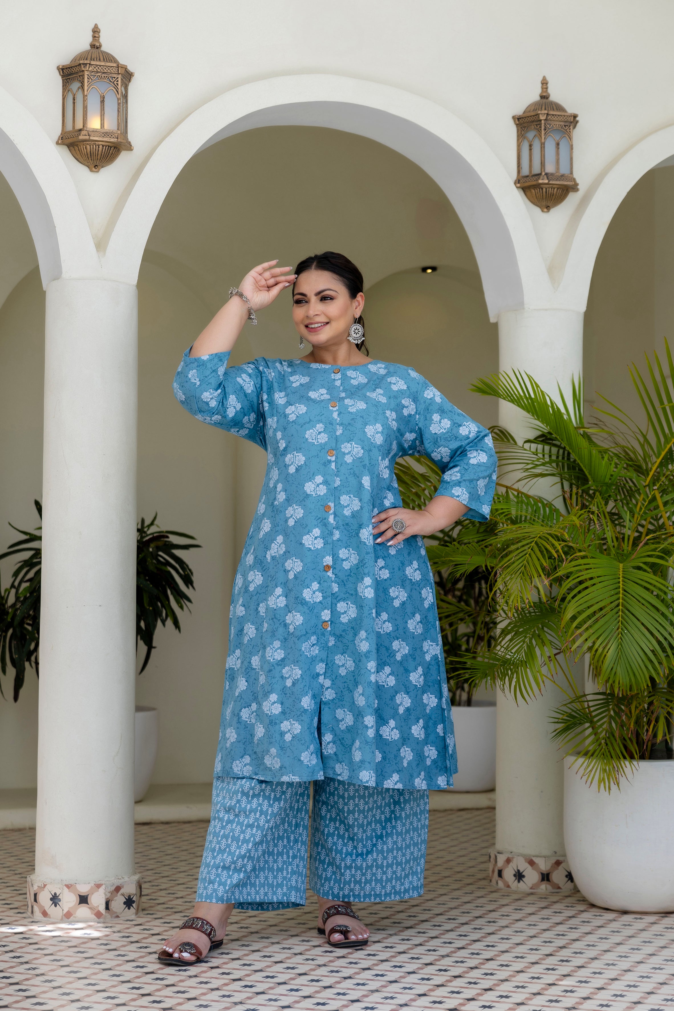 Blue Olive Floral Kurta Palazzo Set