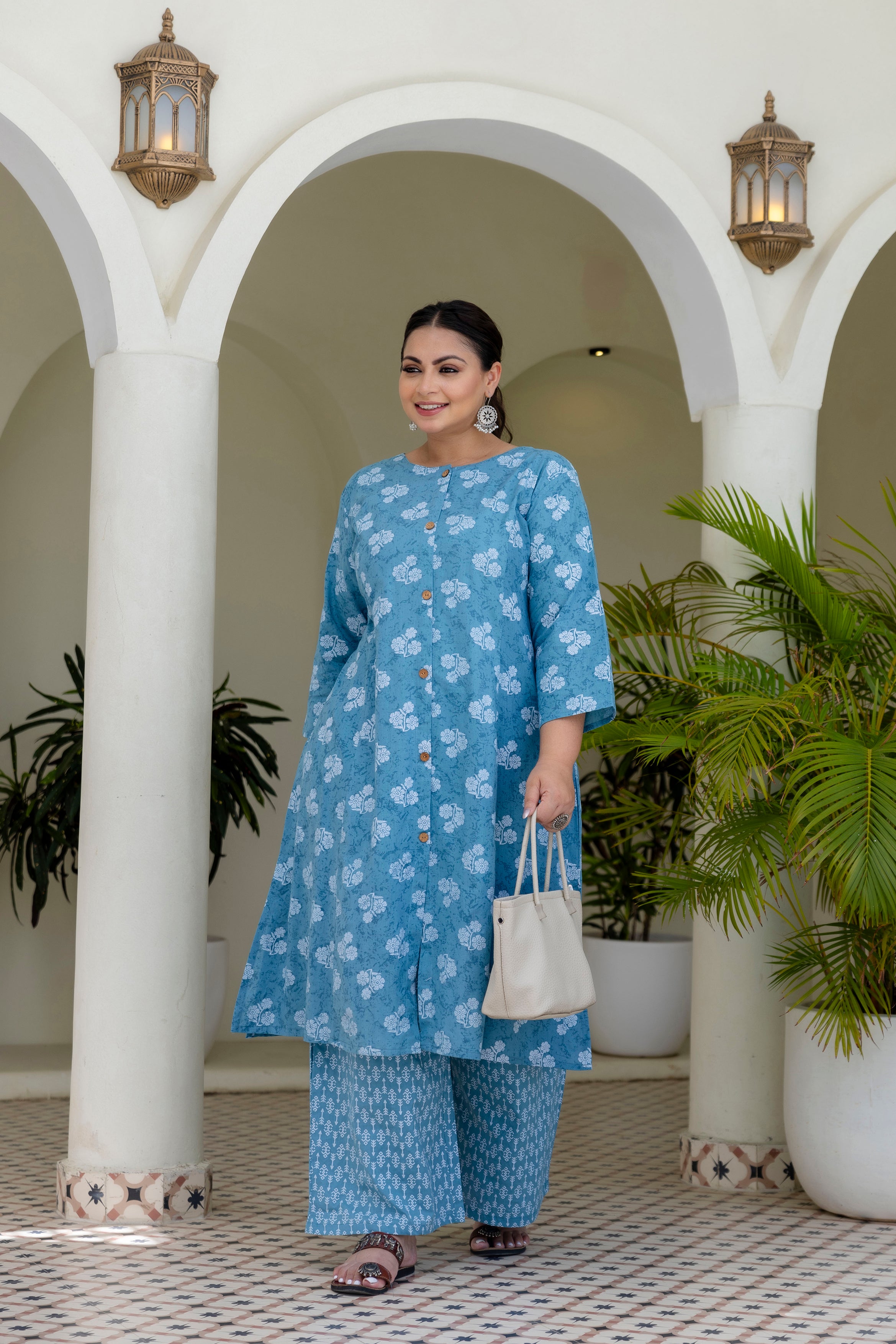 Blue Olive Floral Kurta Palazzo Set