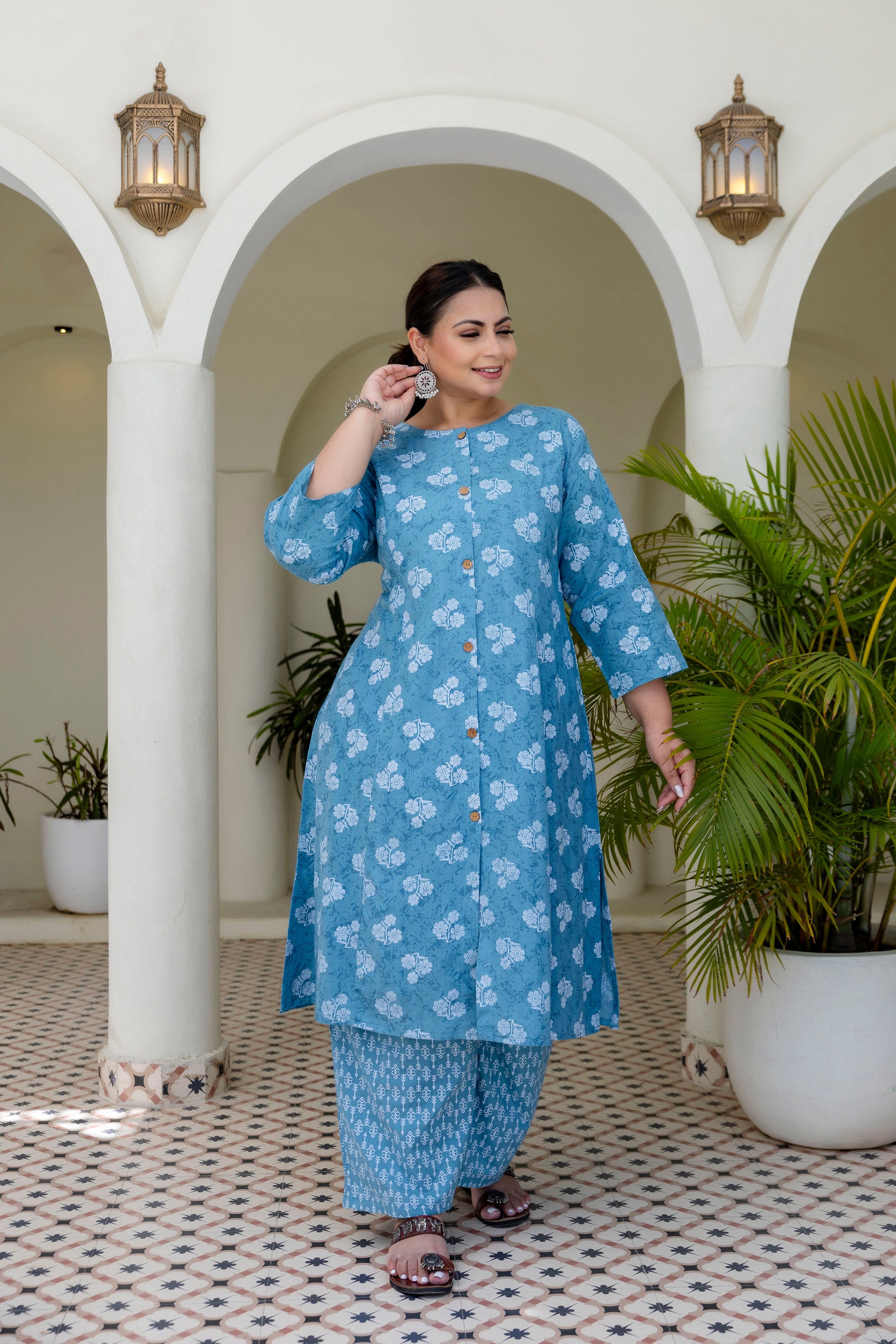Blue Olive Floral Kurta Palazzo Set