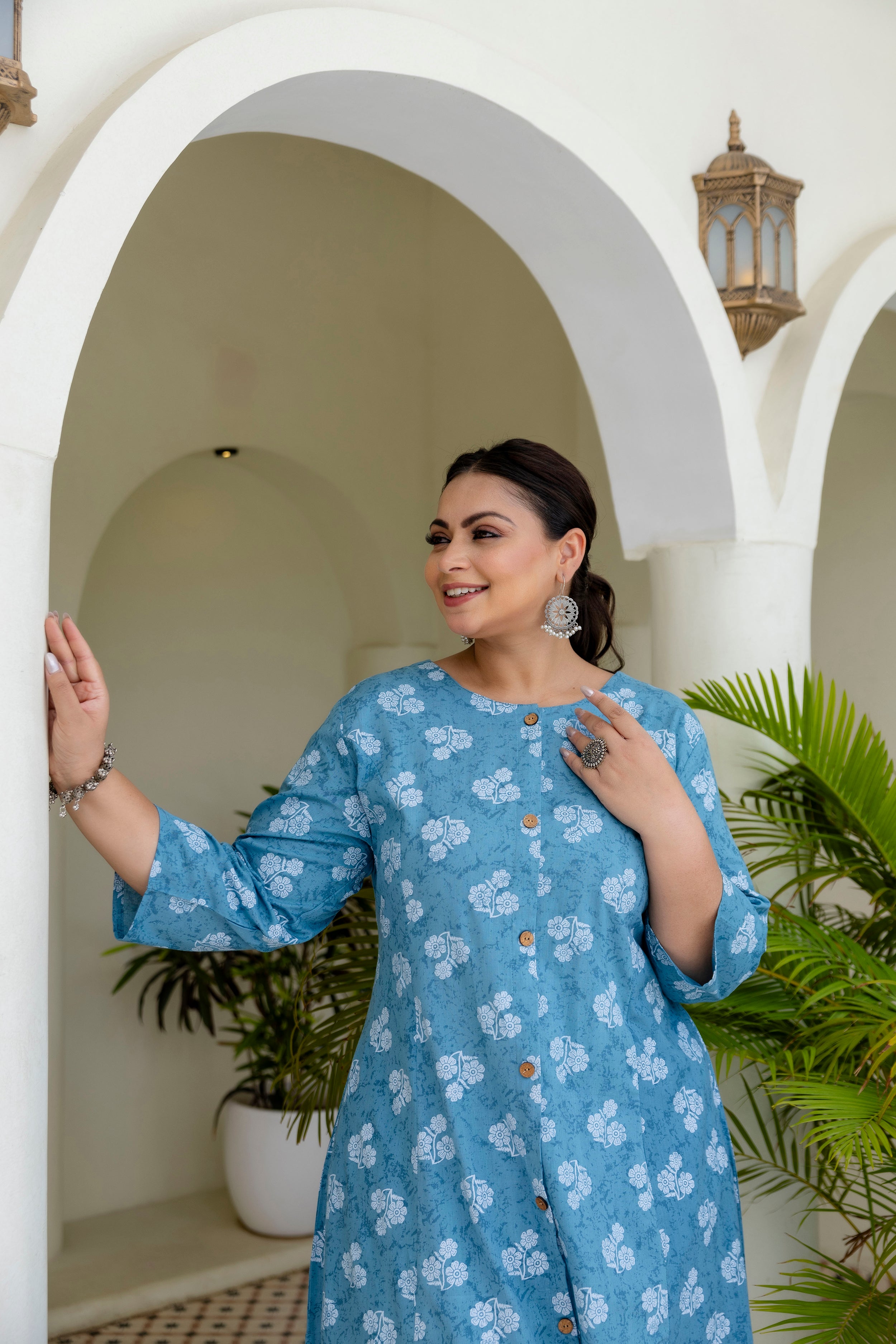 Blue Olive Floral Kurta Palazzo Set