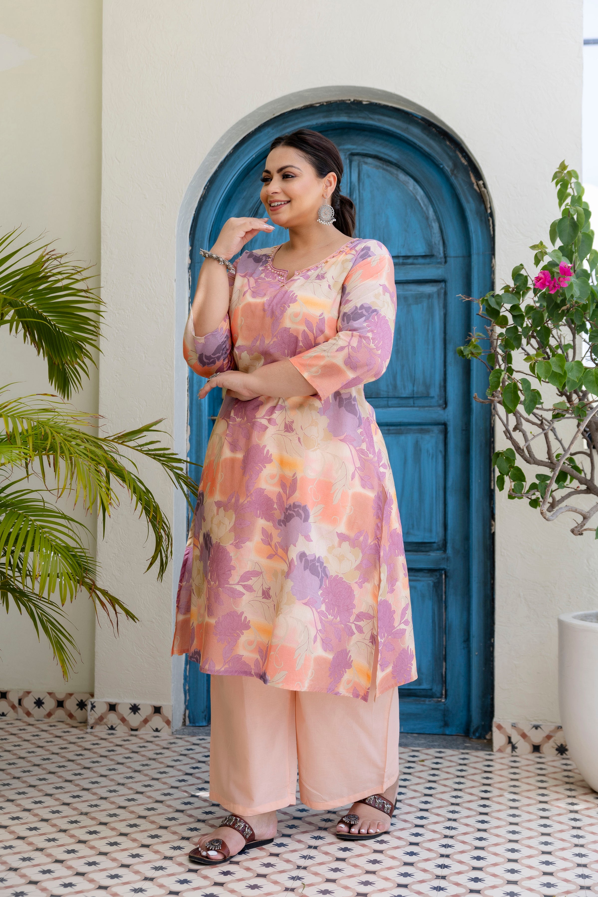 Navy  Floral Kurta Palazzo Set