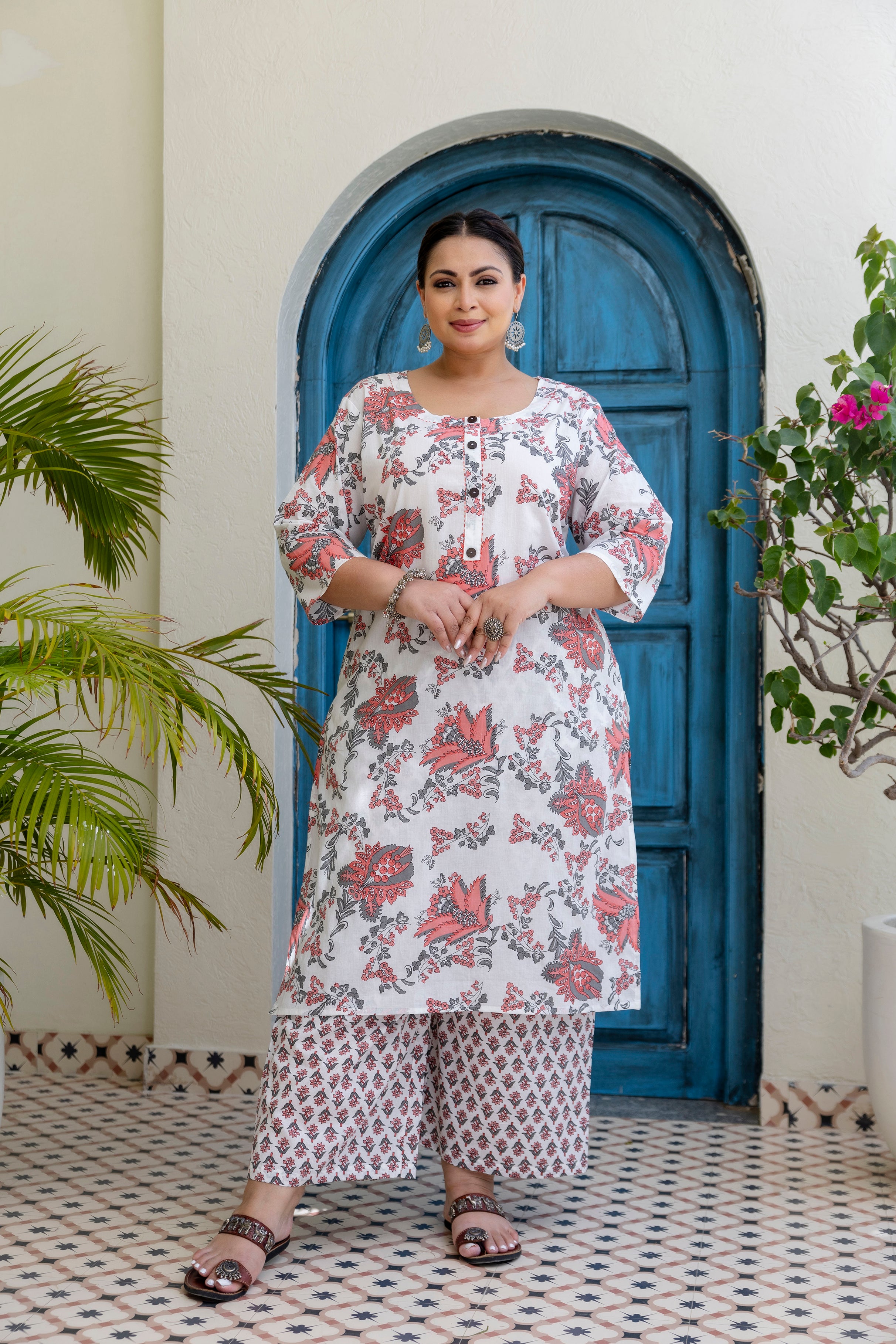 Soft Grey Floral Kurta Set with Dupatta