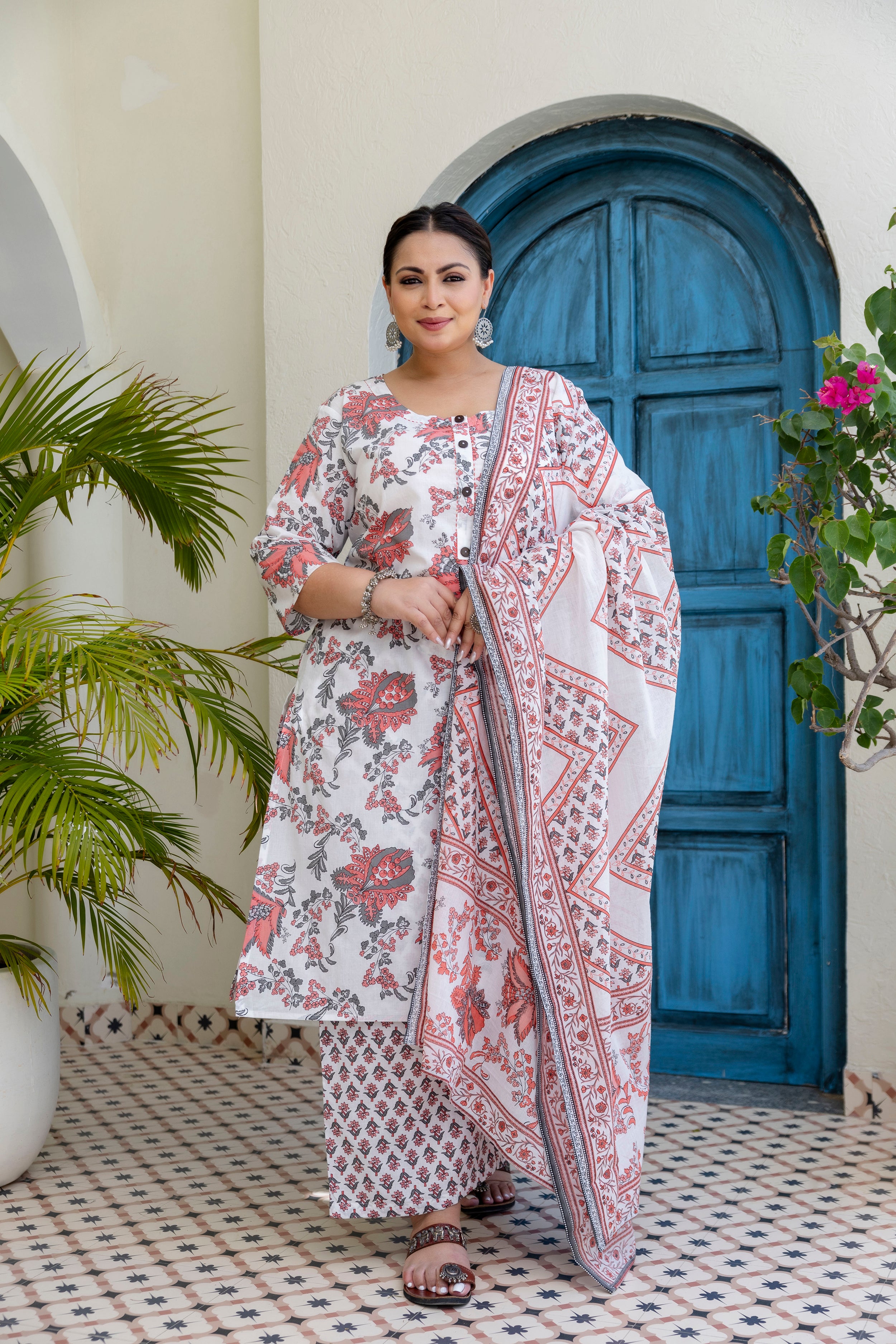 Soft Grey Floral Kurta Set with Dupatta
