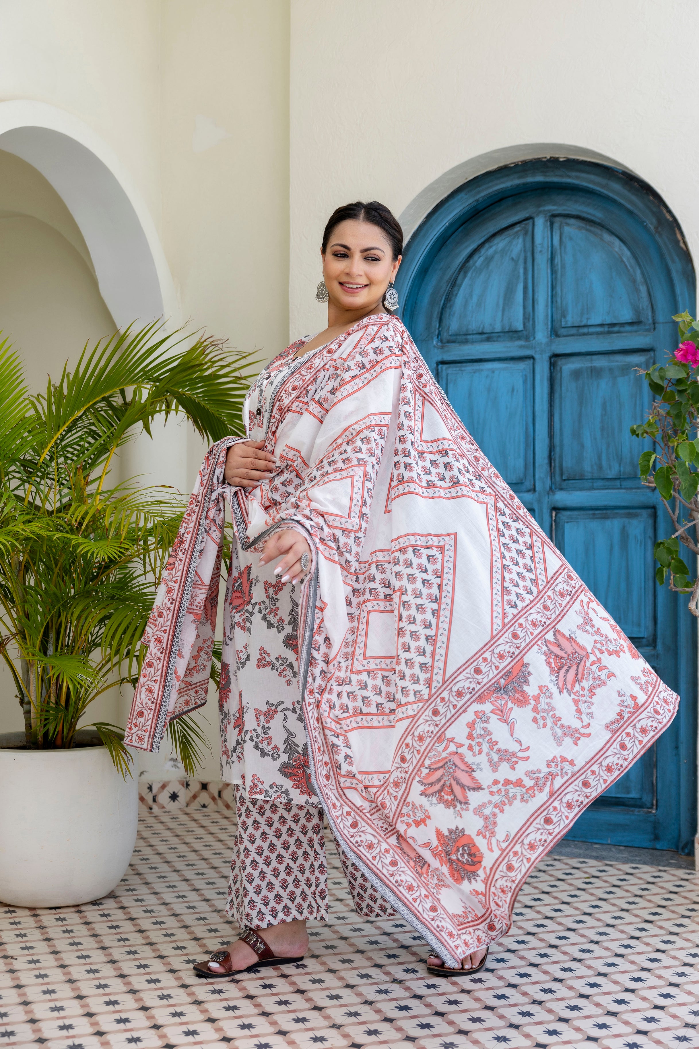 Soft Grey Floral Kurta Set with Dupatta
