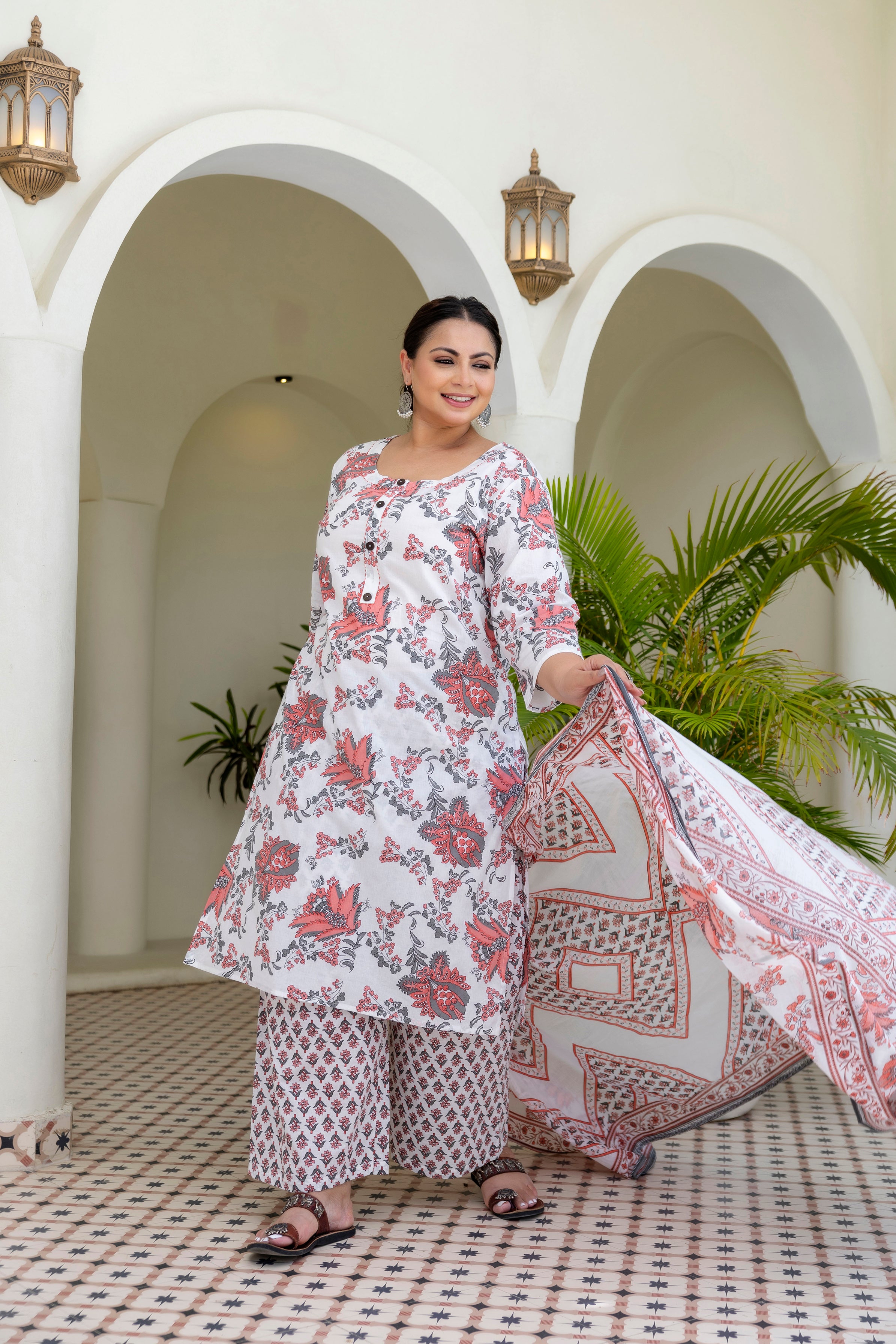 Soft Grey Floral Kurta Set with Dupatta