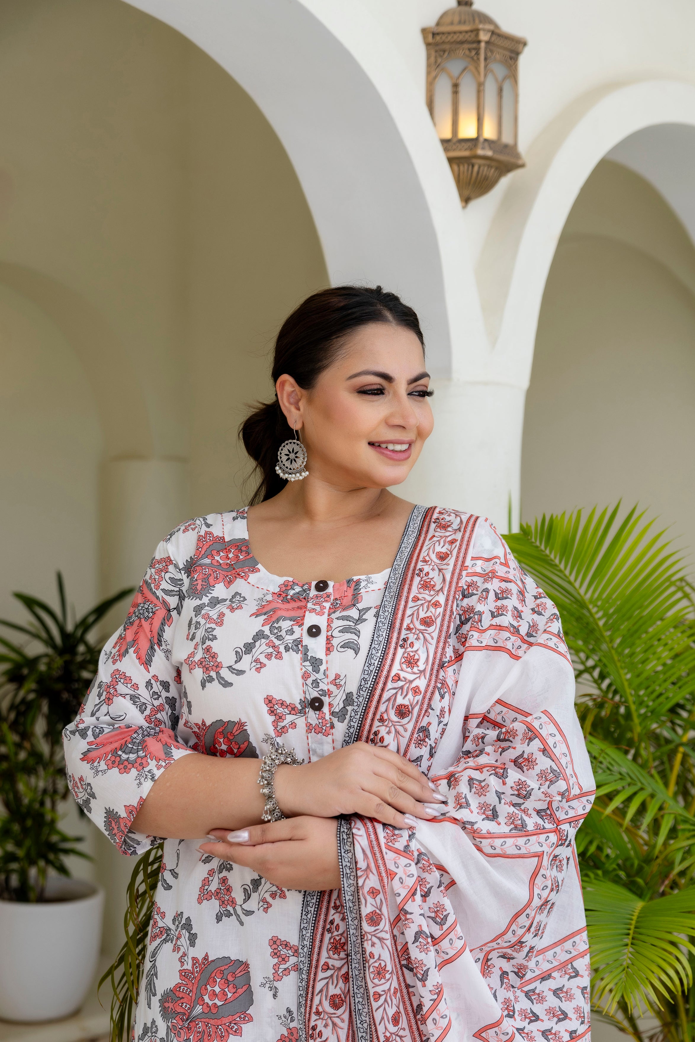 Soft Grey Floral Kurta Set with Dupatta