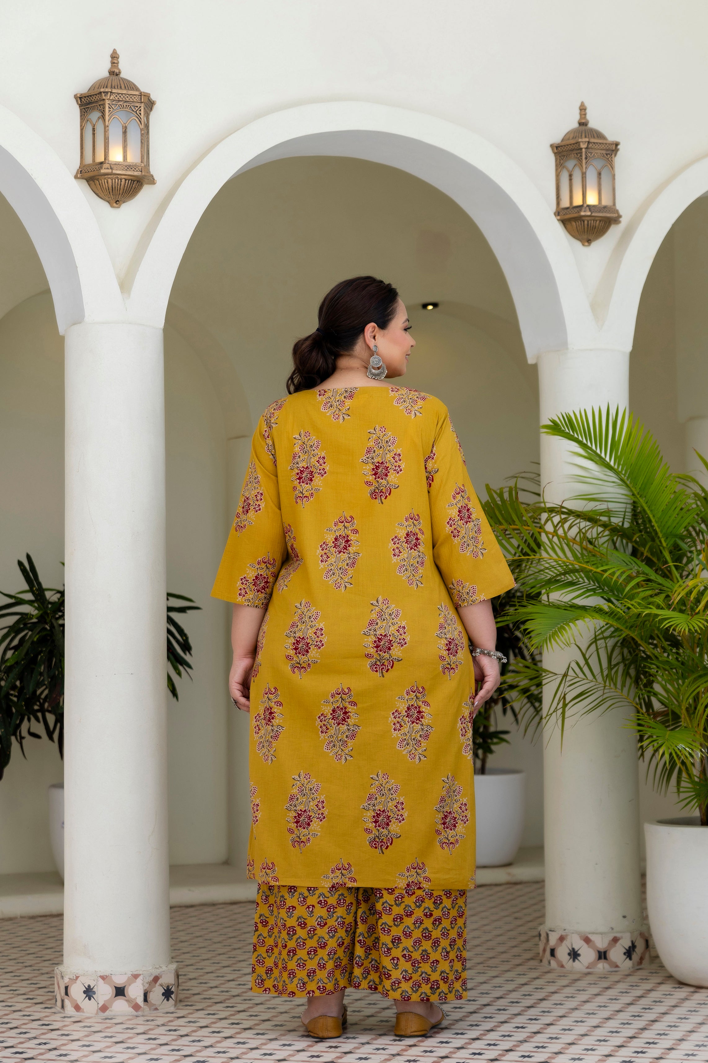 Mustard Olive Floral Kurta Set with Dupatta