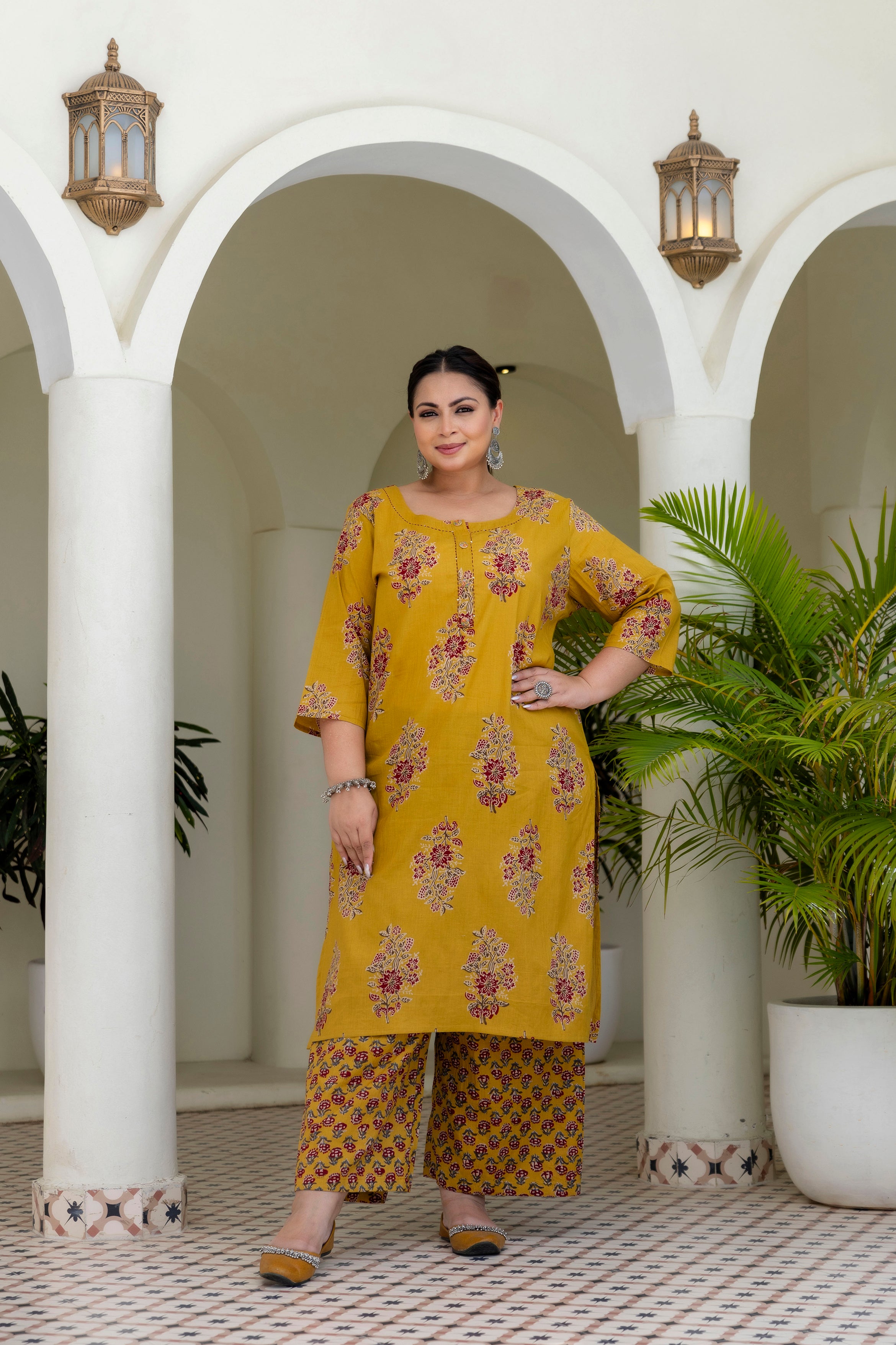 Mustard Olive Floral Kurta Set with Dupatta