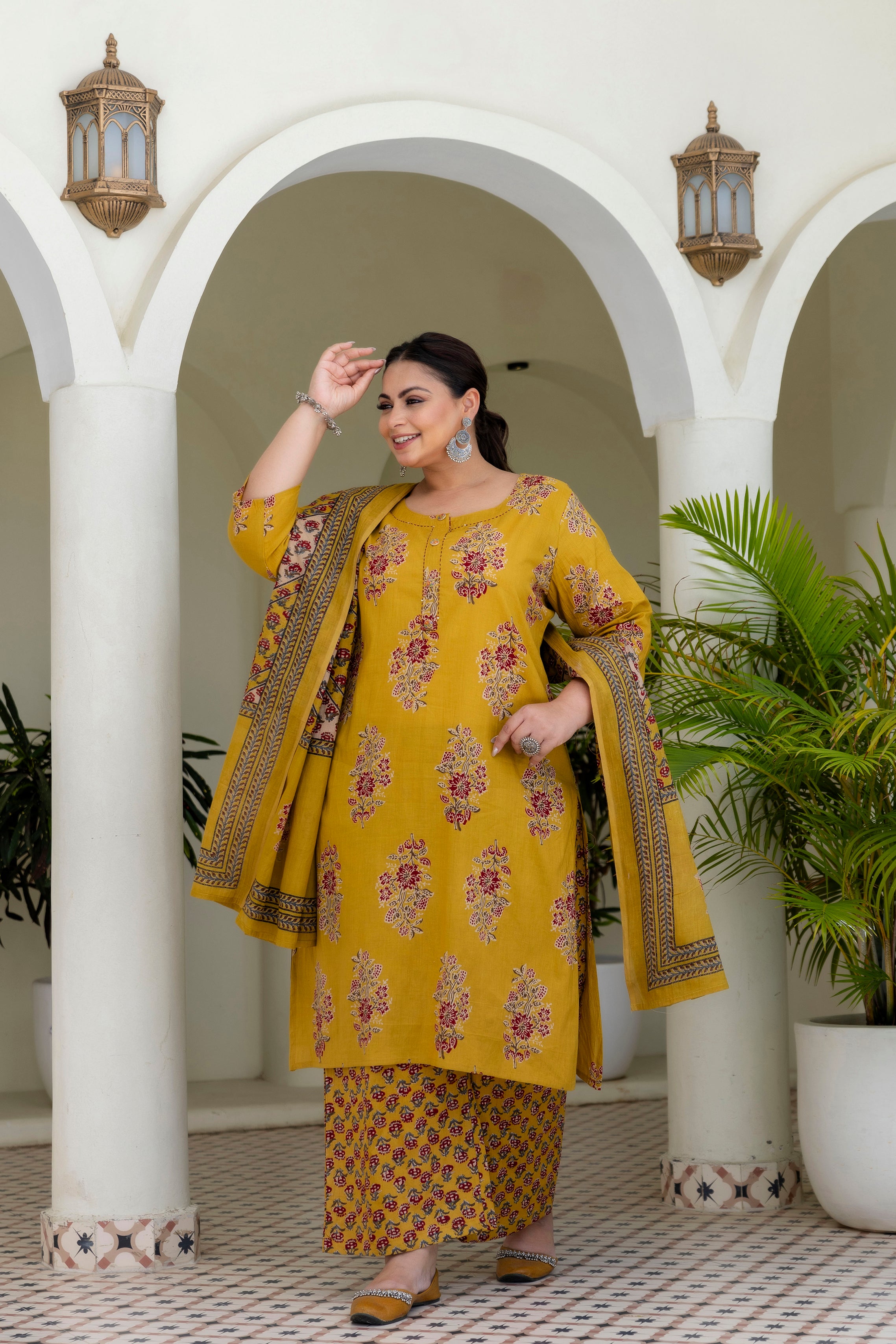 Mustard Olive Floral Kurta Set with Dupatta