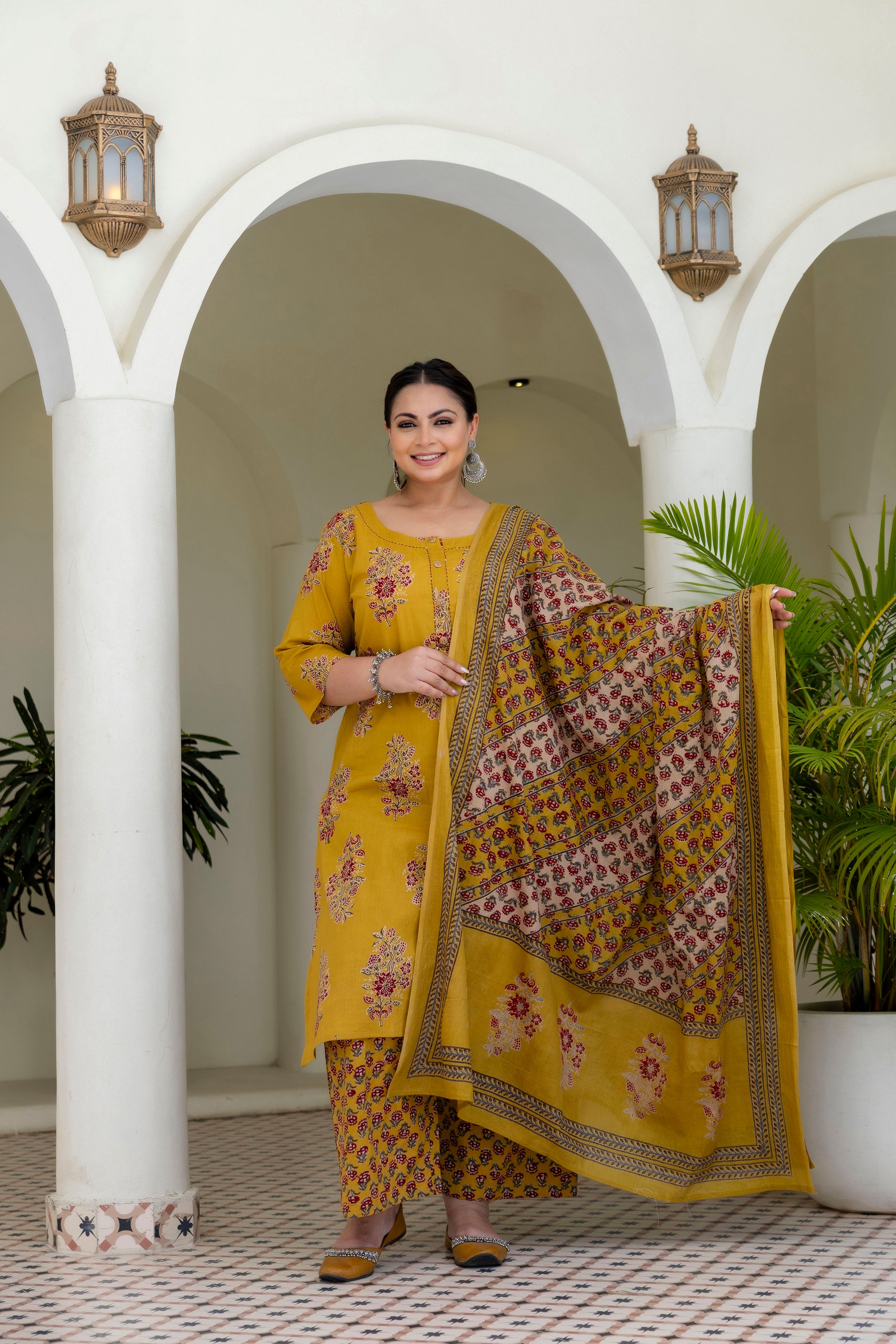 Mustard Olive Floral Kurta Set with Dupatta