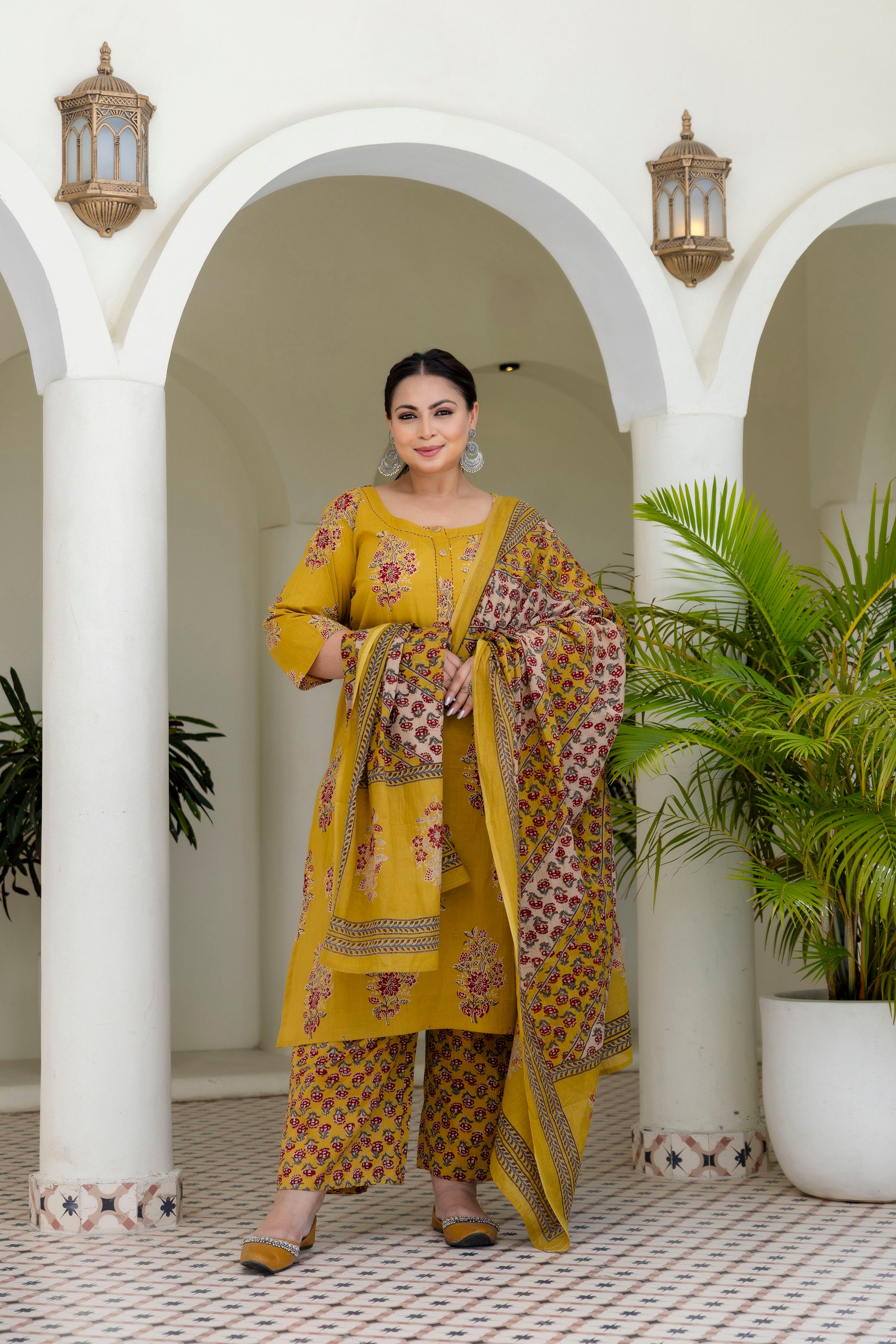 Mustard Olive Floral Kurta Set with Dupatta