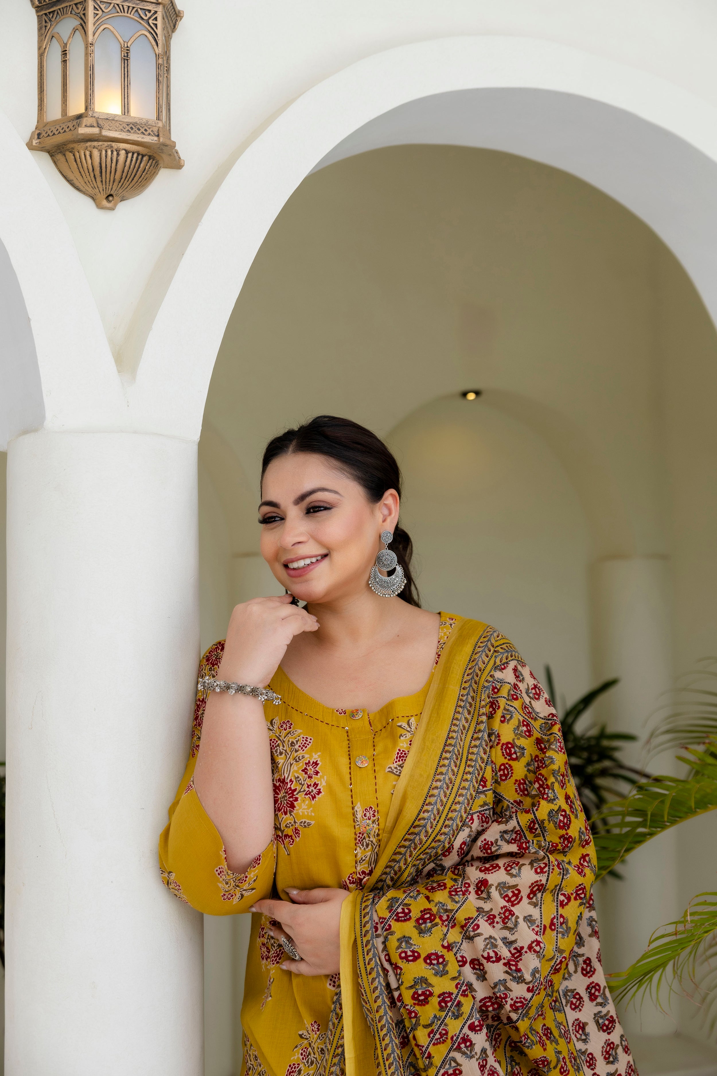 Mustard Olive Floral Kurta Set with Dupatta