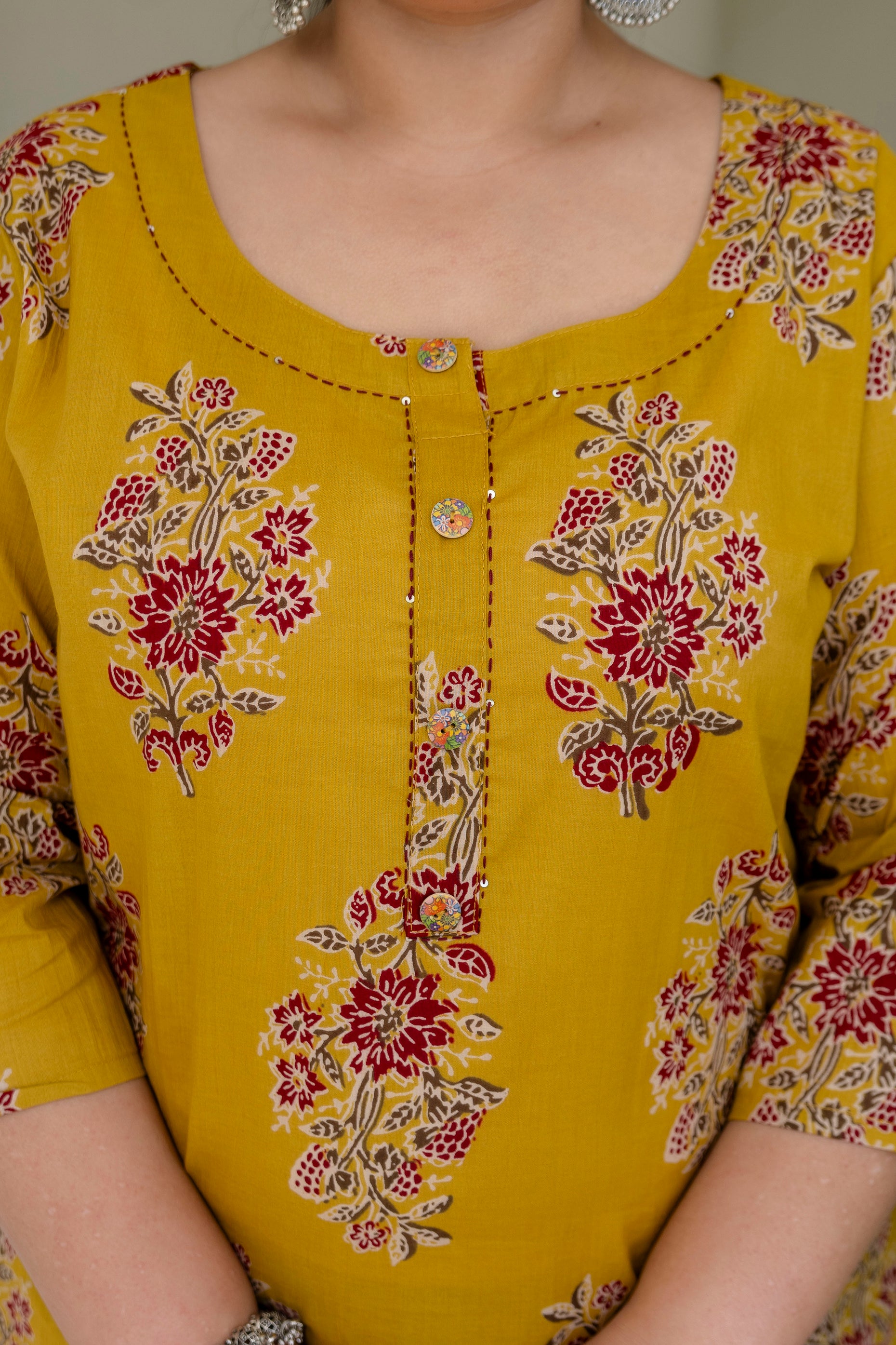 Mustard Olive Floral Kurta Set with Dupatta