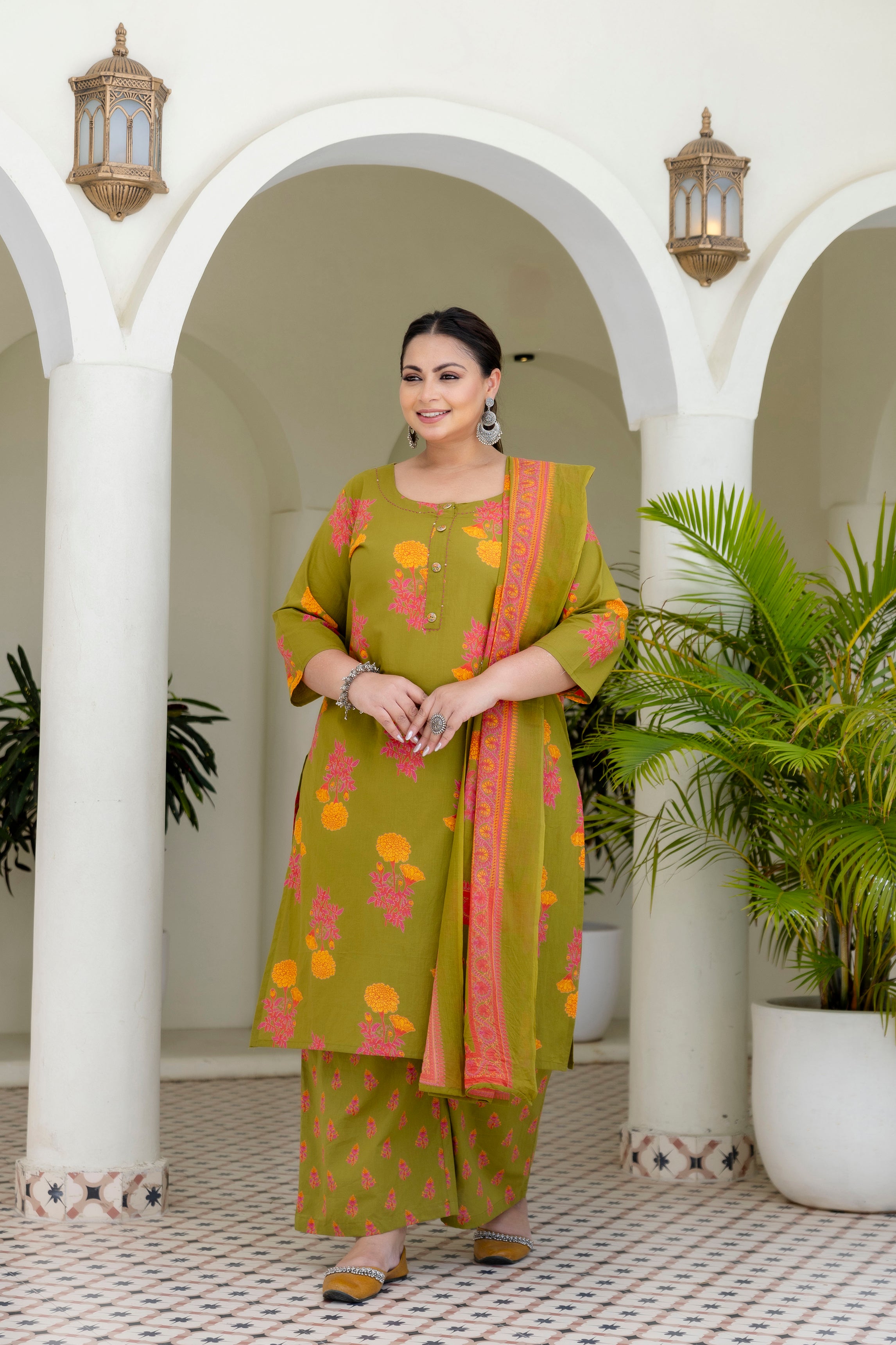 Green Mustard Floral Kurta Set with Dupatta