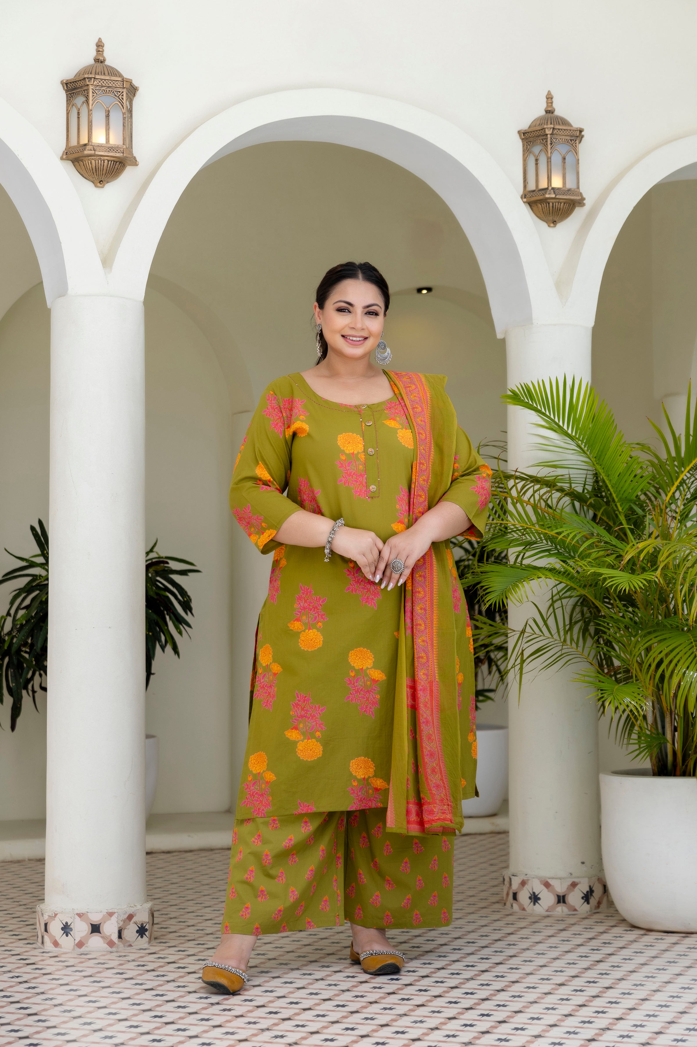 Green Mustard Floral Kurta Set with Dupatta
