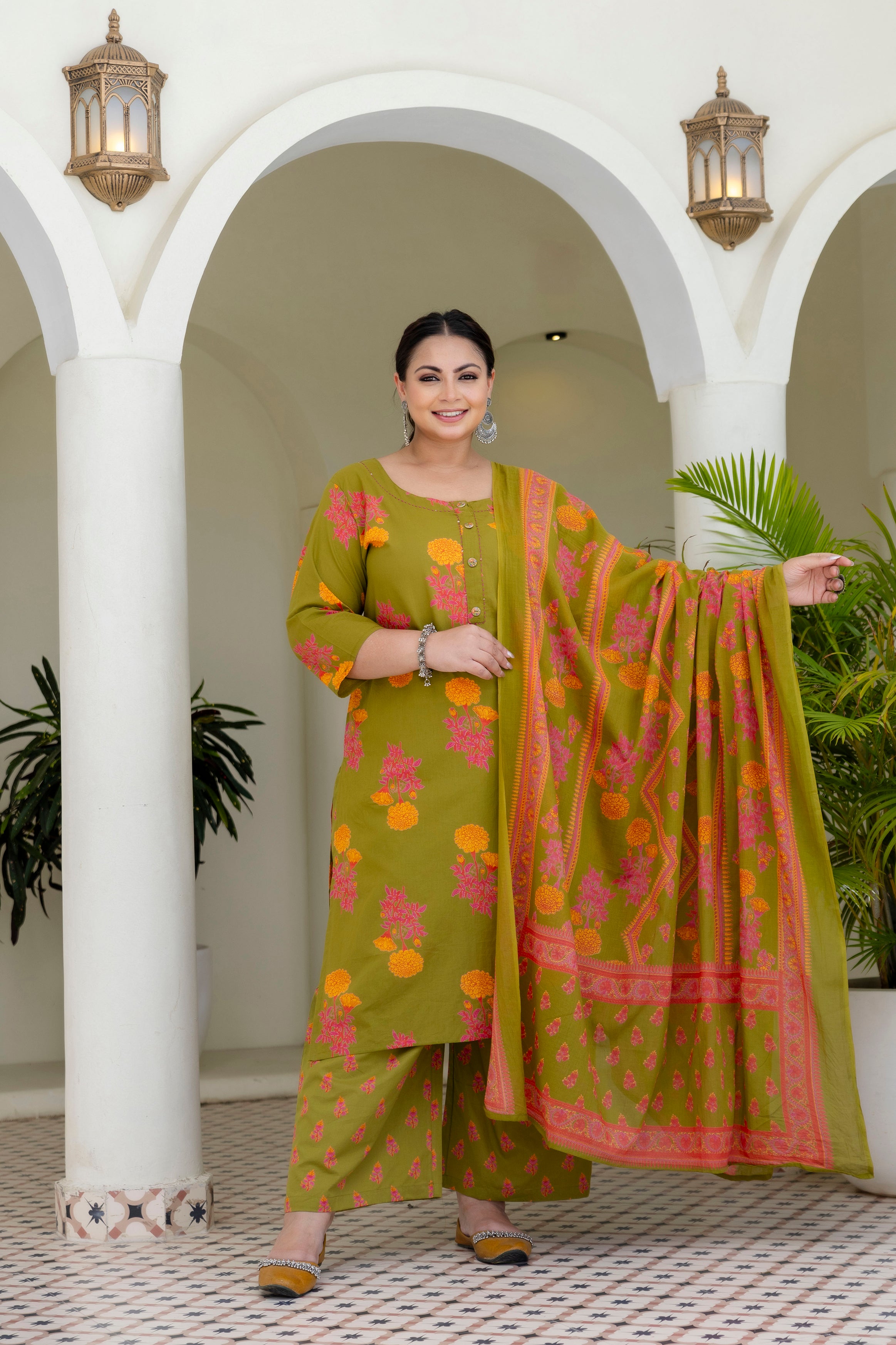 Green Mustard Floral Kurta Set with Dupatta