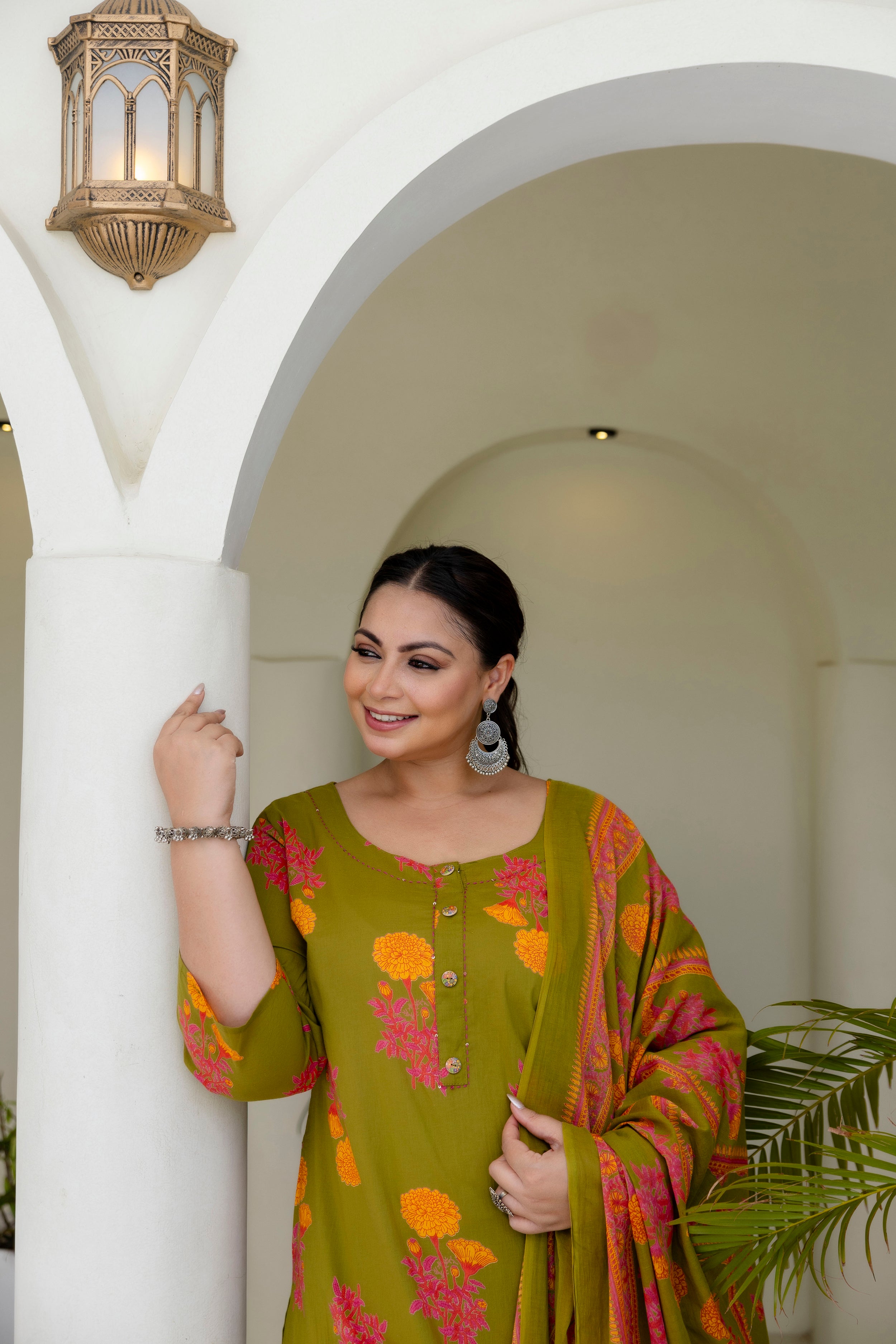 Green Mustard Floral Kurta Set with Dupatta
