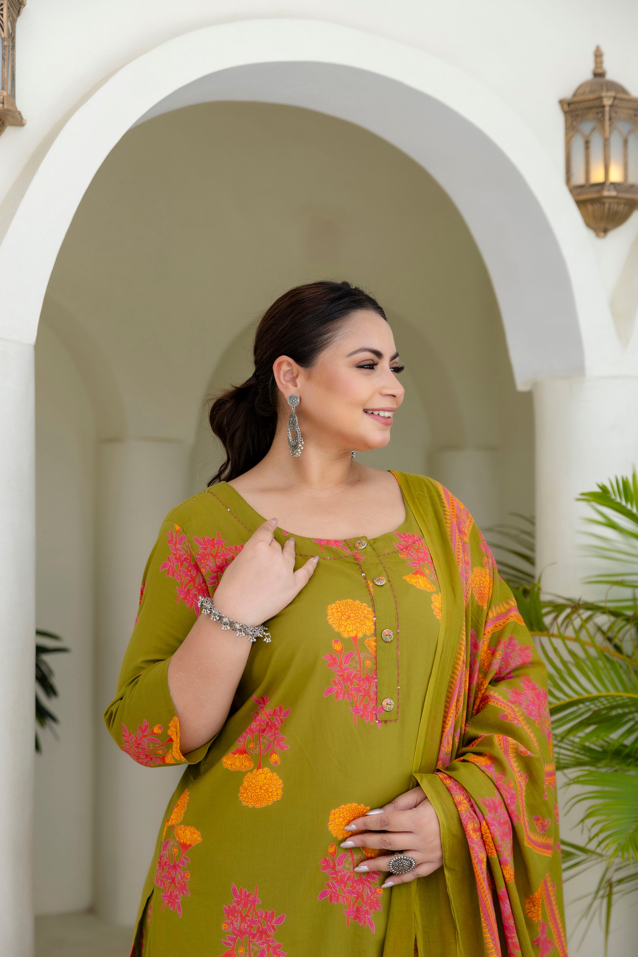 Green Mustard Floral Kurta Set with Dupatta