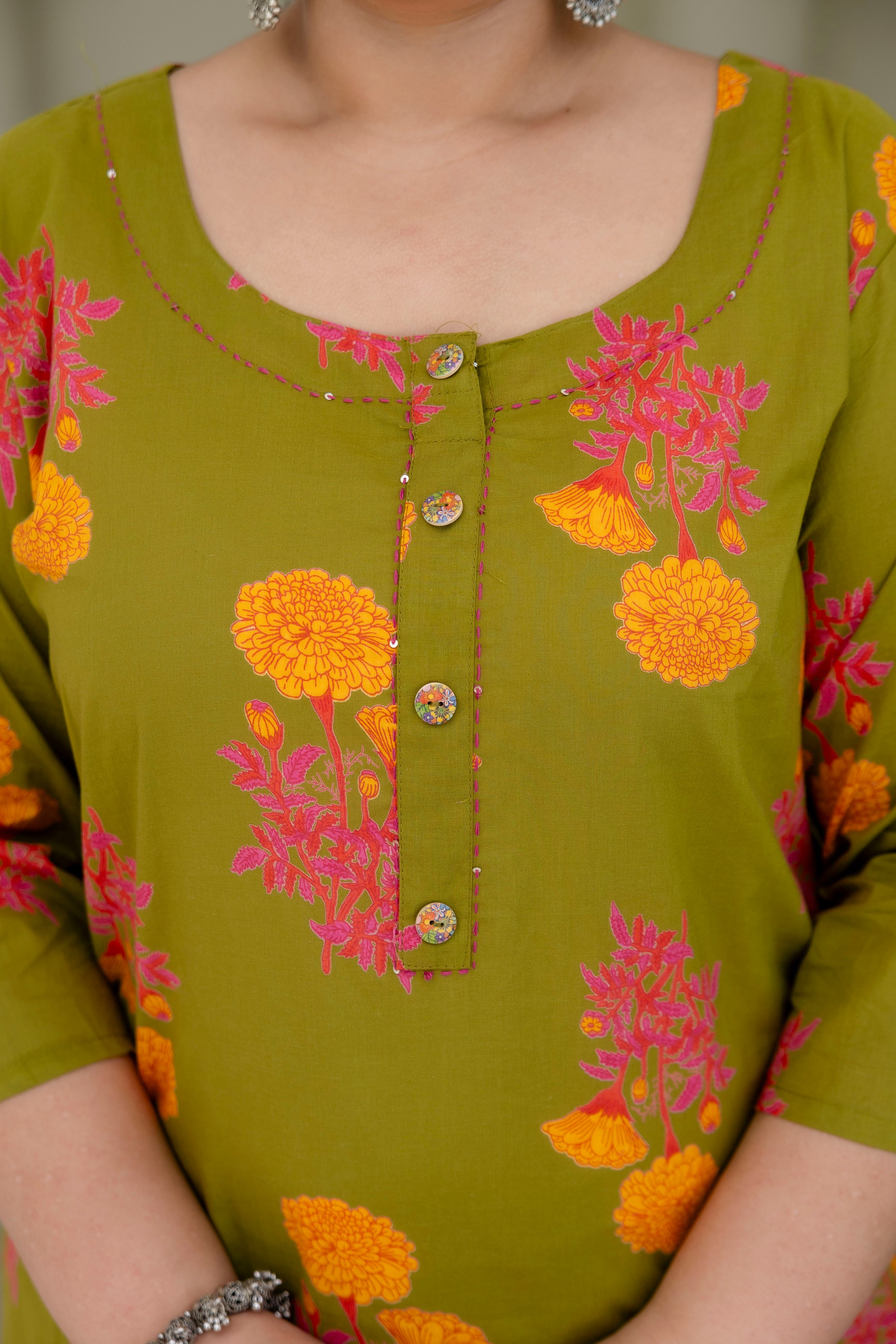 Green Mustard Floral Kurta Set with Dupatta